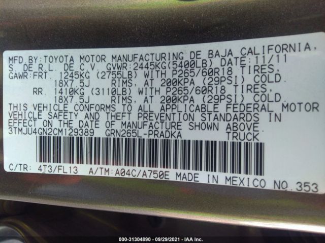 Photo 8 VIN: 3TMJU4GN2CM129389 - TOYOTA TACOMA 