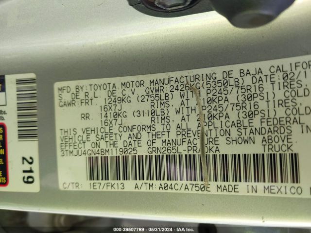 Photo 8 VIN: 3TMJU4GN4BM119025 - TOYOTA TACOMA 