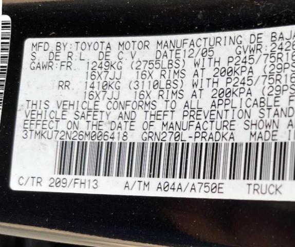 Photo 9 VIN: 3TMKU72N26M006418 - TOYOTA TACOMA DOU 