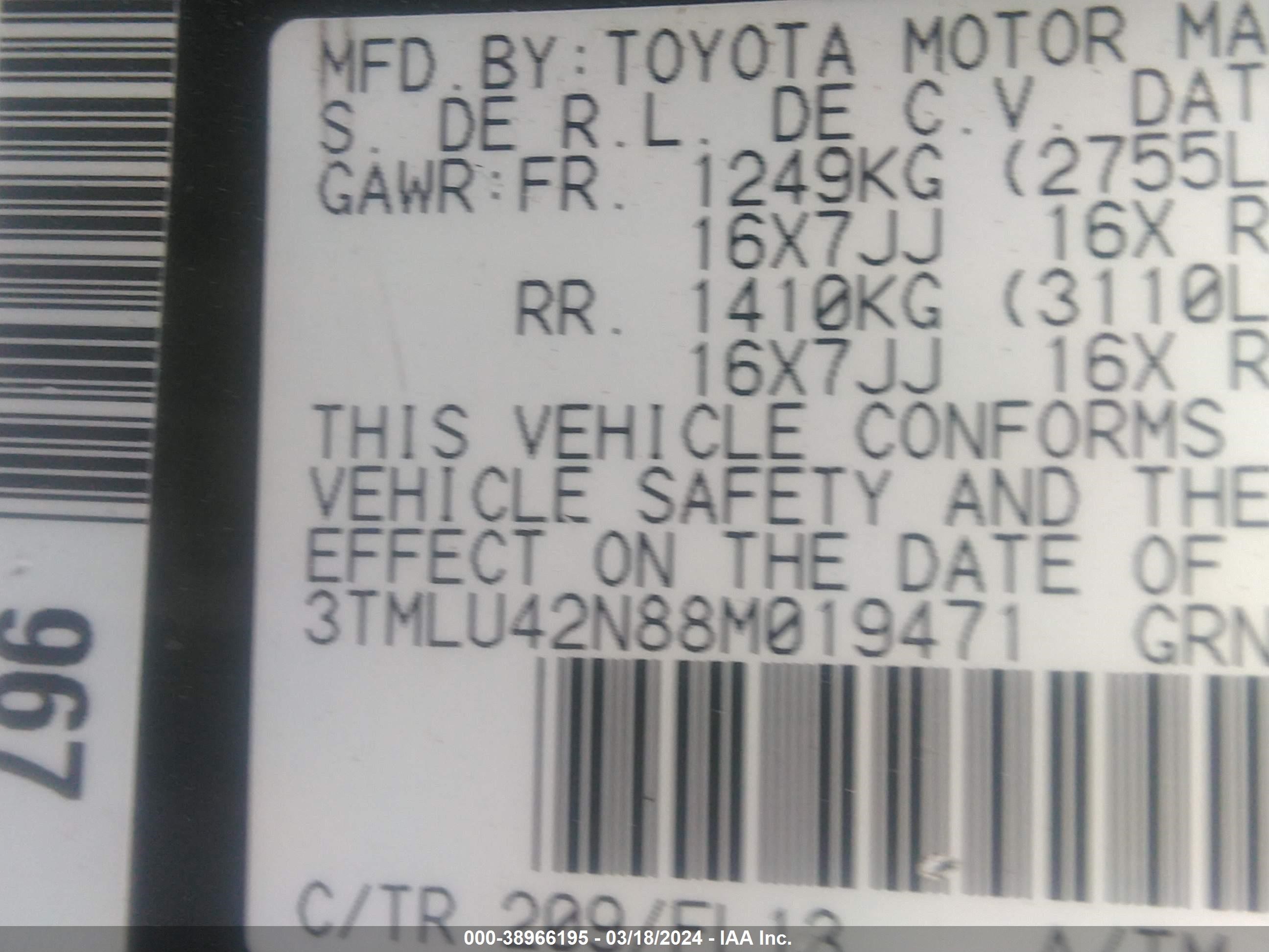 Photo 8 VIN: 3TMLU42N88M019471 - TOYOTA TACOMA 