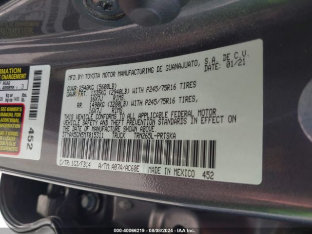 Photo 8 VIN: 3TYAX5GN5MT015311 - TOYOTA TACOMA 