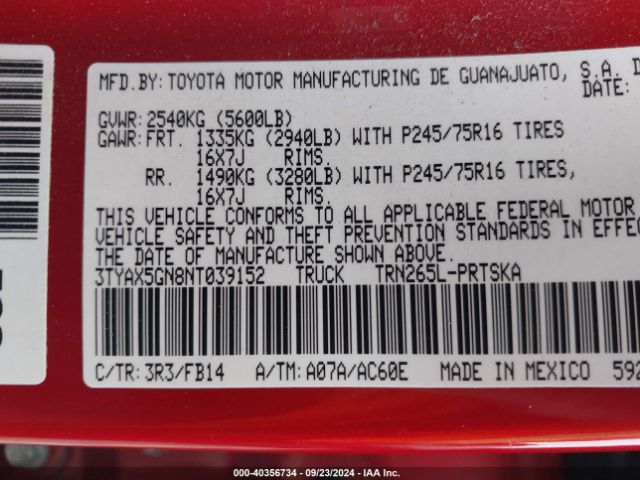 Photo 8 VIN: 3TYAX5GN8NT039152 - TOYOTA TACOMA 