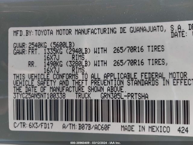 Photo 8 VIN: 3TYCZ5AN5NT100338 - TOYOTA TACOMA 