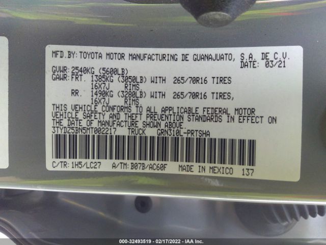 Photo 8 VIN: 3TYDZ5BN5MT002217 - TOYOTA TACOMA 4WD 