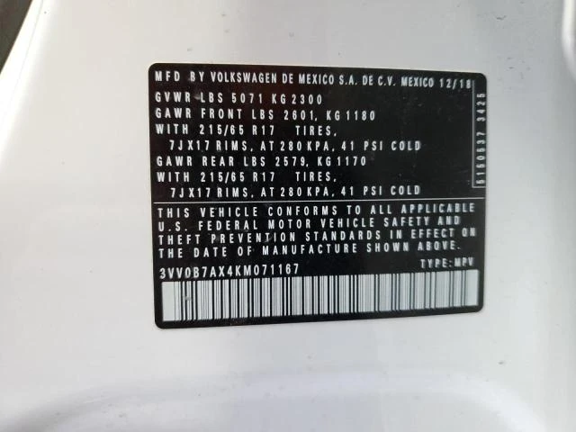 Photo 12 VIN: 3VV0B7AX4KM071167 - VOLKSWAGEN TIGUAN S 