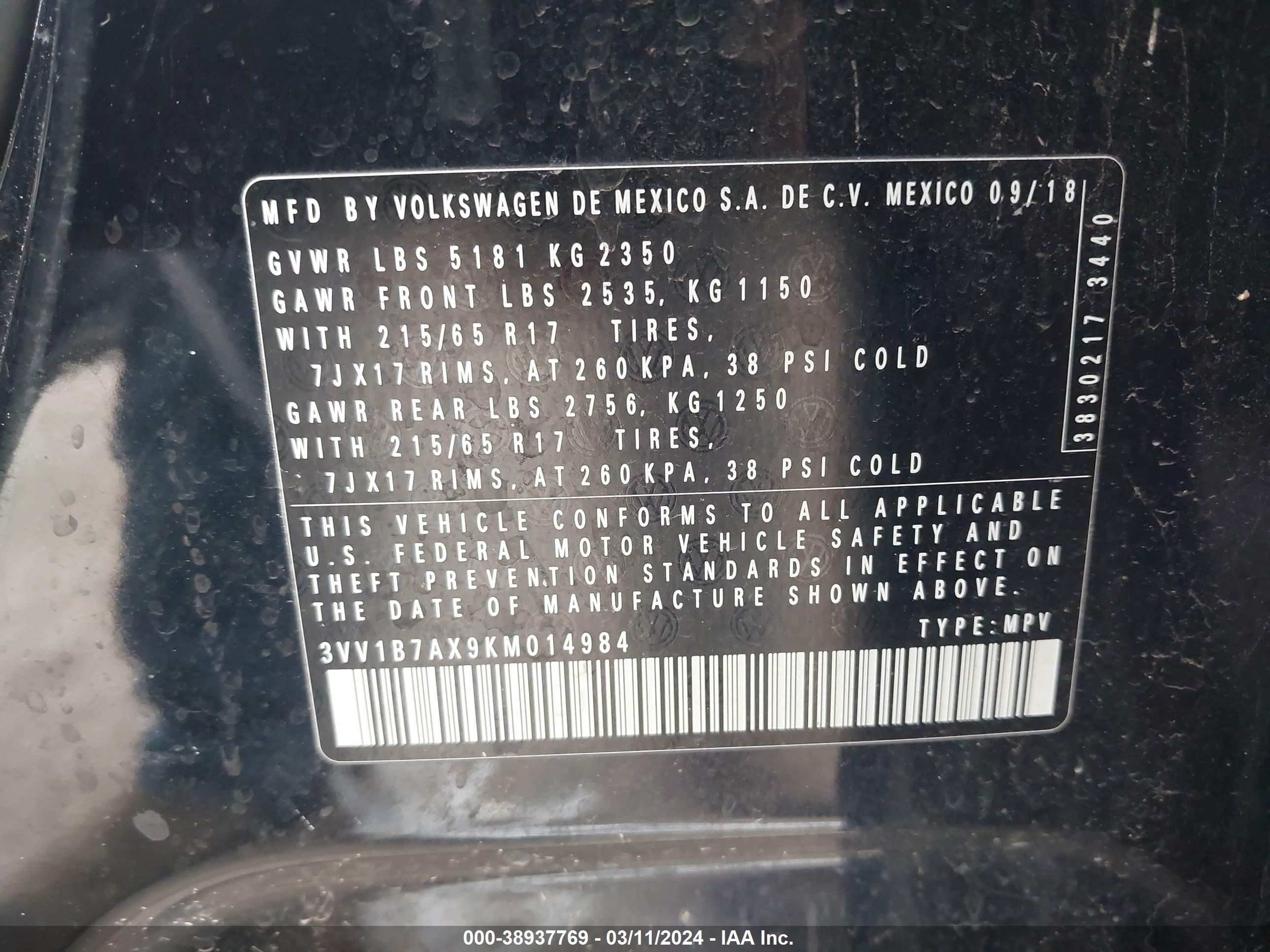 Photo 7 VIN: 3VV1B7AX9KM014984 - VOLKSWAGEN TIGUAN 