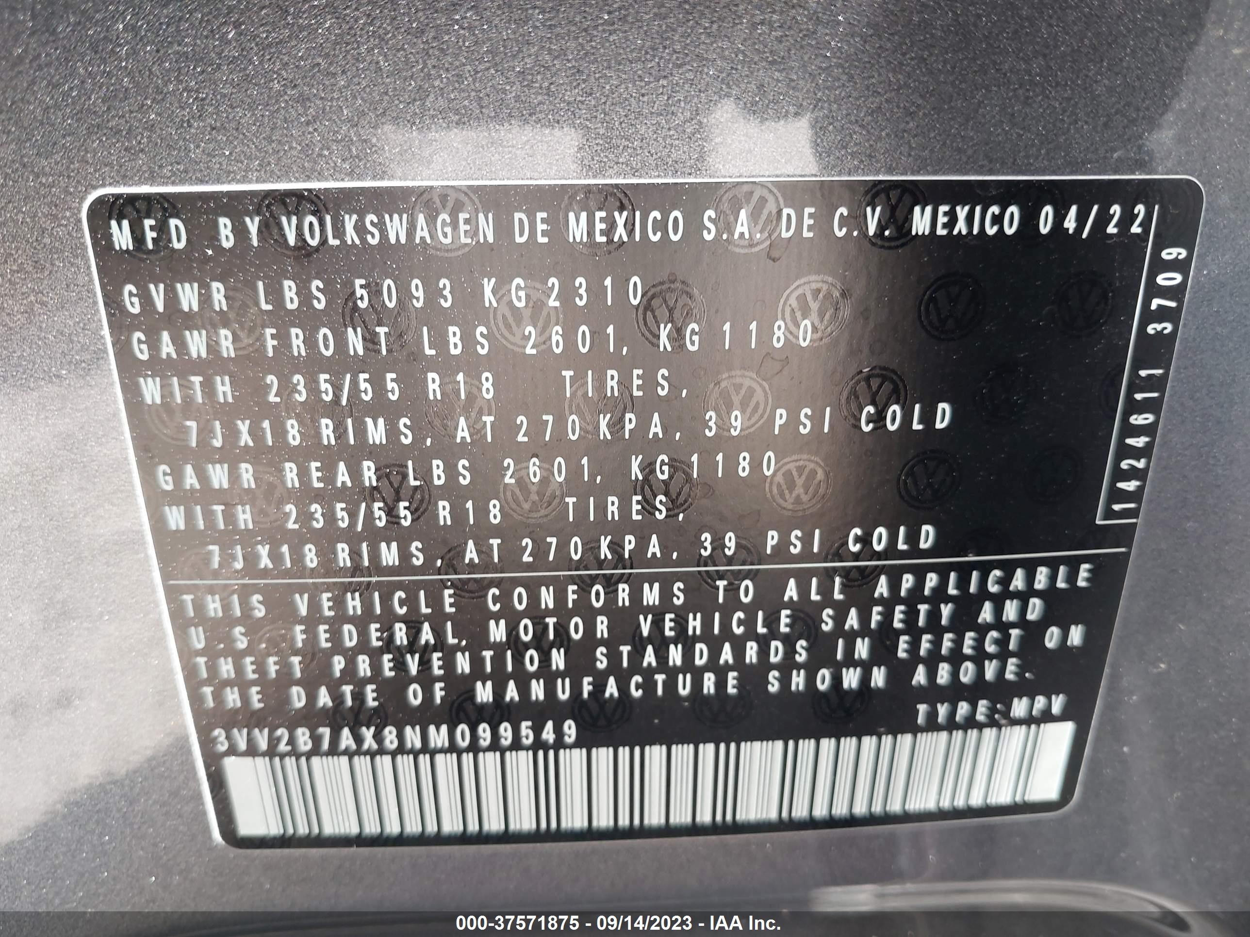 Photo 8 VIN: 3VV2B7AX8NM099549 - VOLKSWAGEN TIGUAN 