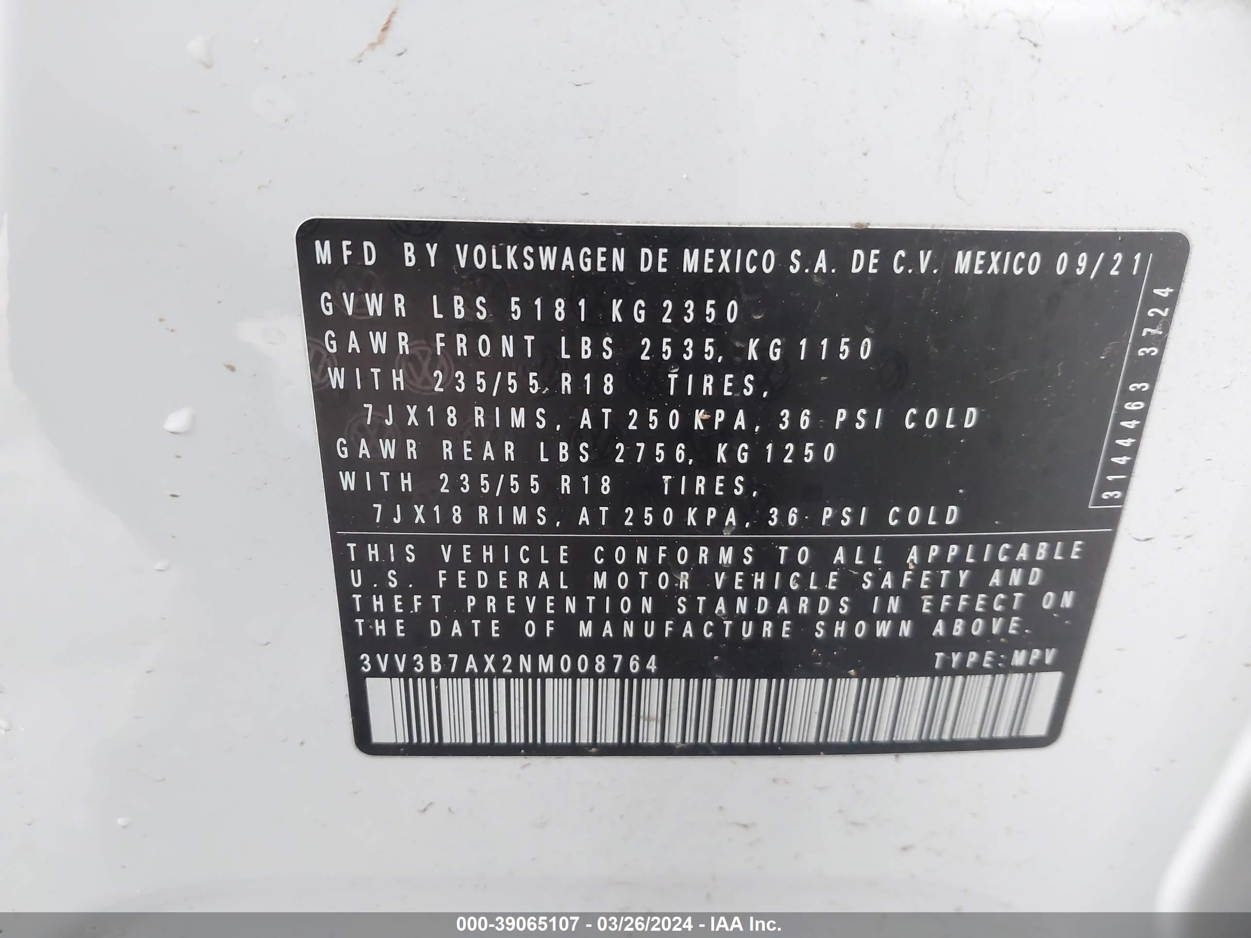 Photo 8 VIN: 3VV3B7AX2NM008764 - VOLKSWAGEN TIGUAN 