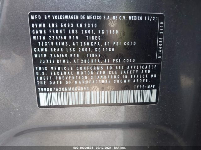 Photo 8 VIN: 3VV8B7AX0NM064093 - VOLKSWAGEN TIGUAN 