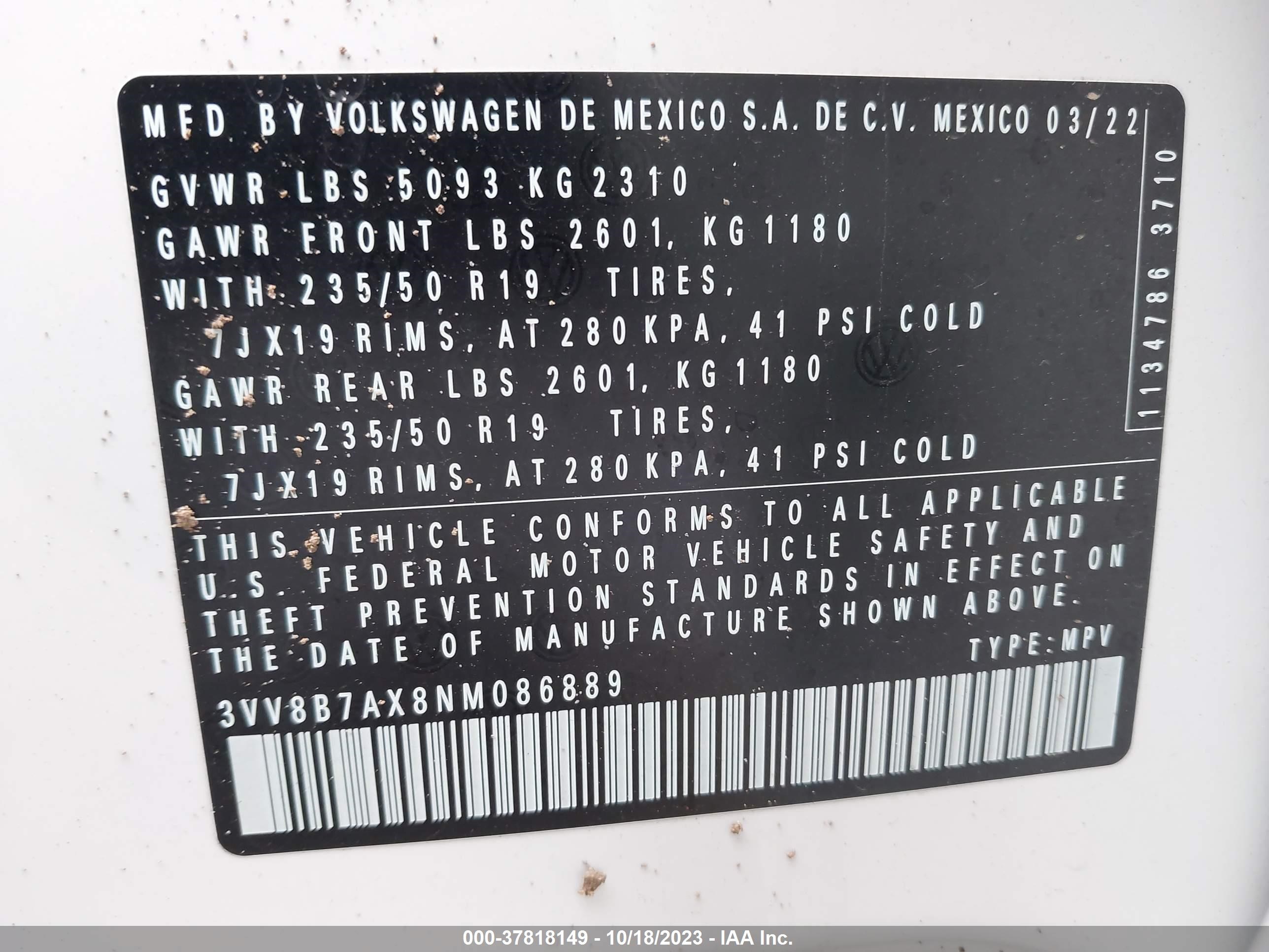 Photo 8 VIN: 3VV8B7AX8NM086889 - VOLKSWAGEN TIGUAN 