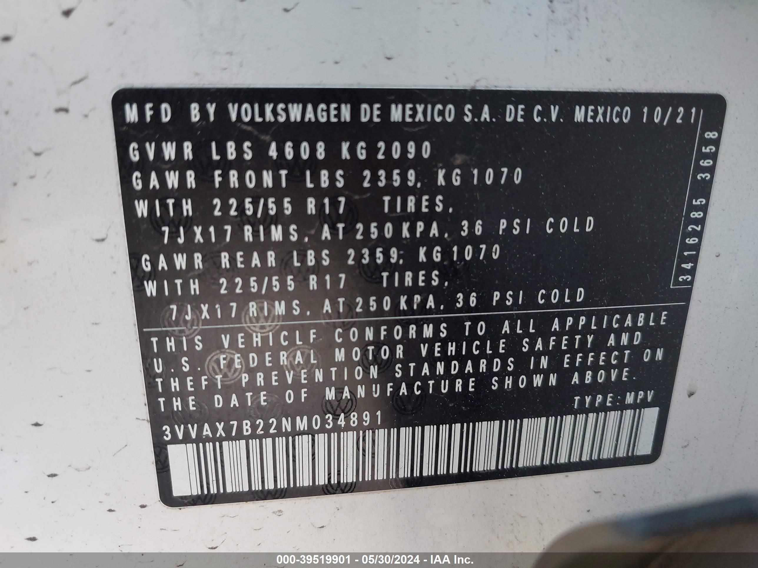 Photo 8 VIN: 3VVAX7B22NM034891 - VOLKSWAGEN TAOS 