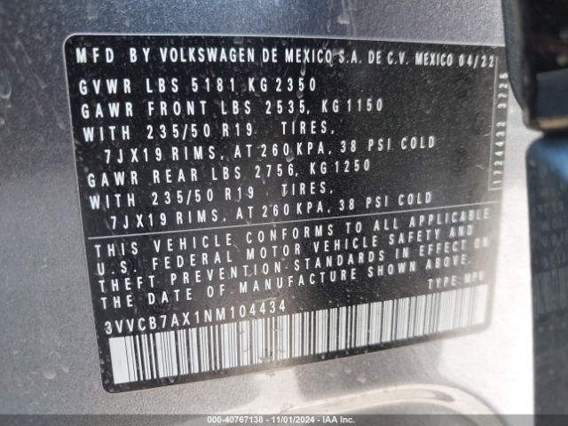 Photo 8 VIN: 3VVCB7AX1NM104434 - VOLKSWAGEN TIGUAN 