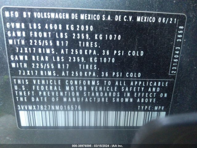 Photo 8 VIN: 3VVMX7B27NM016576 - VOLKSWAGEN TAOS 