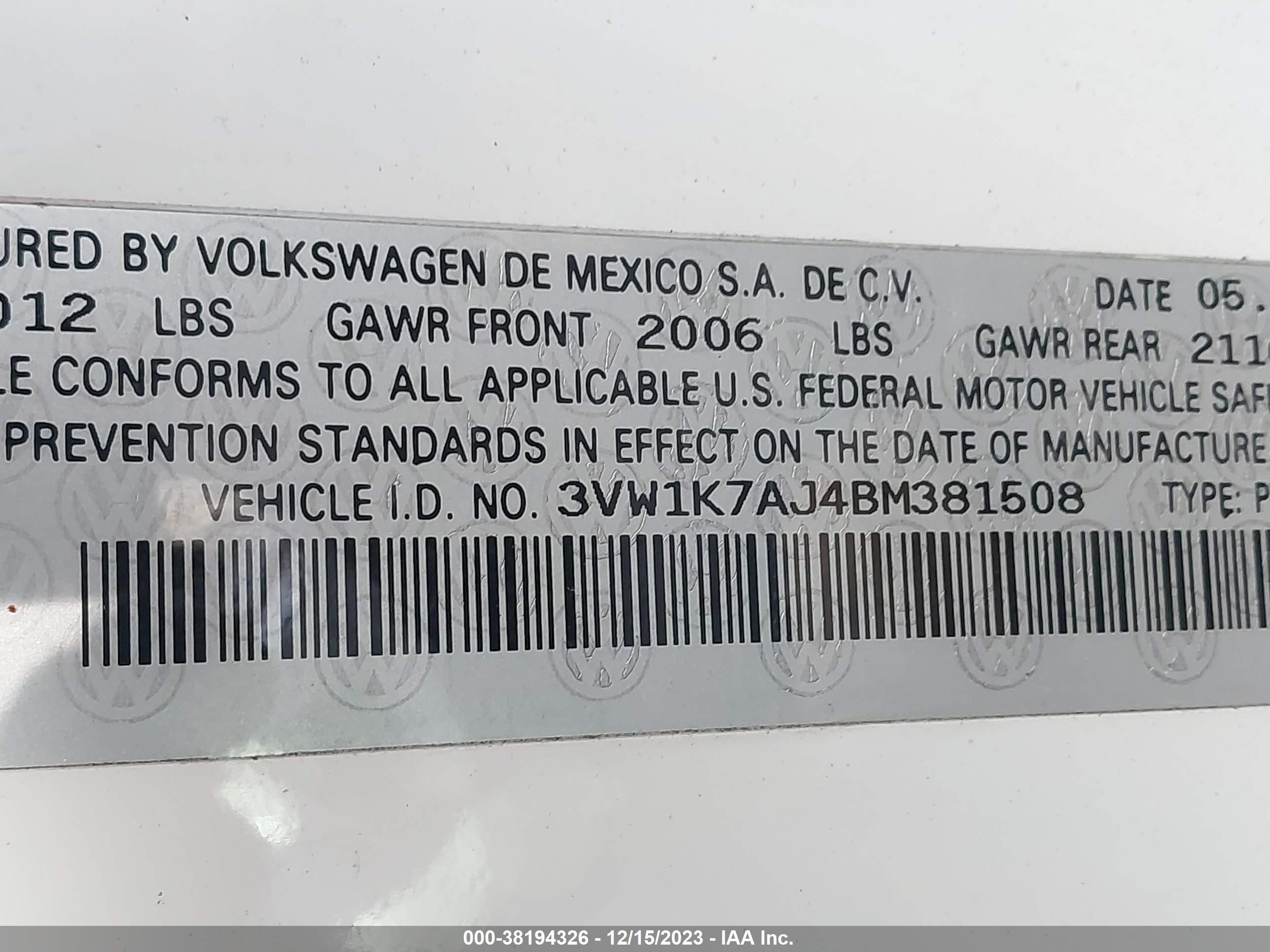 Photo 8 VIN: 3VW1K7AJ4BM381508 - VOLKSWAGEN JETTA 