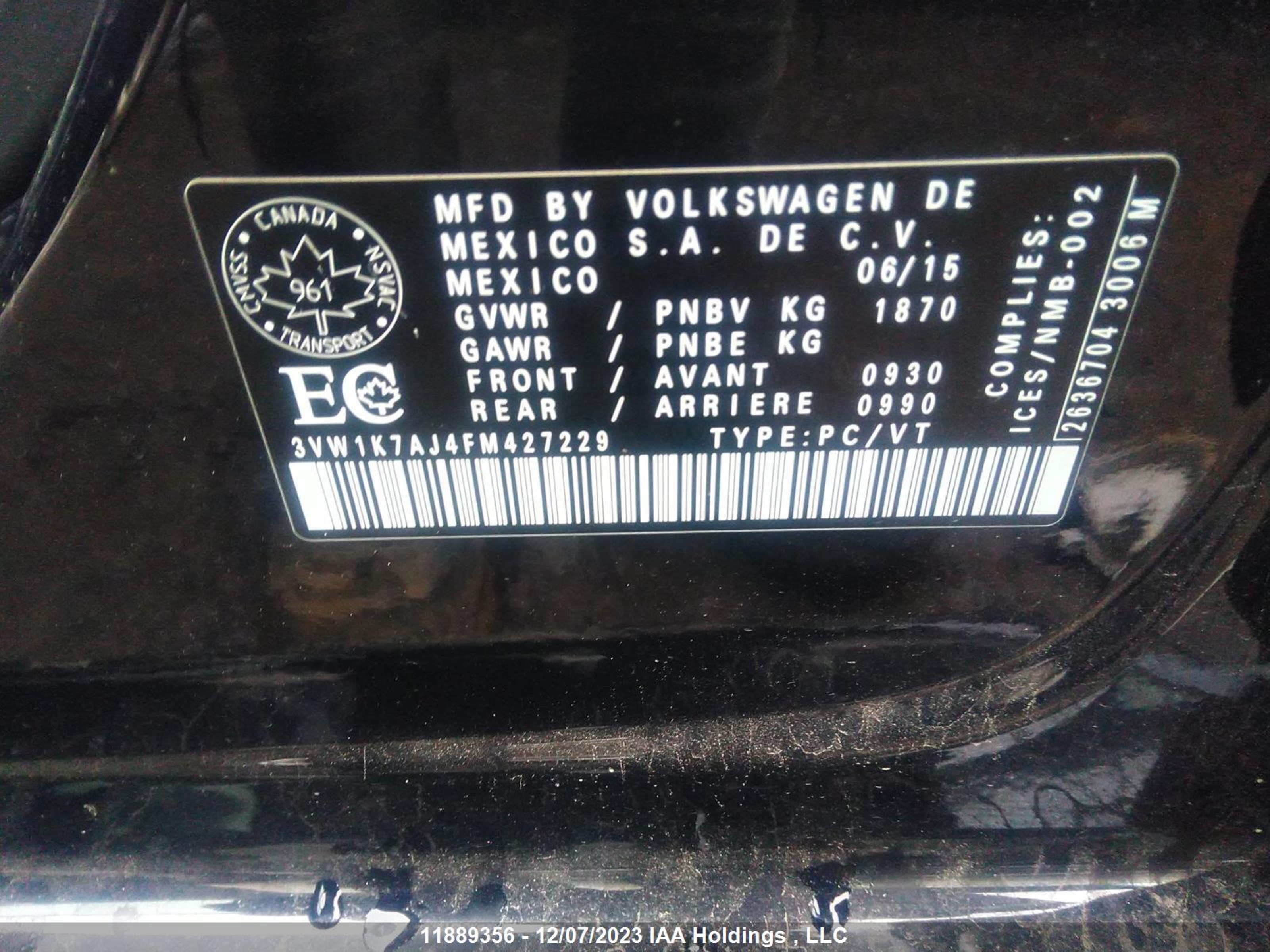 Photo 8 VIN: 3VW1K7AJ4FM427229 - VOLKSWAGEN JETTA 