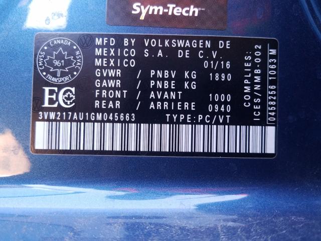 Photo 9 VIN: 3VW217AU1GM045663 - VOLKSWAGEN GOLF 