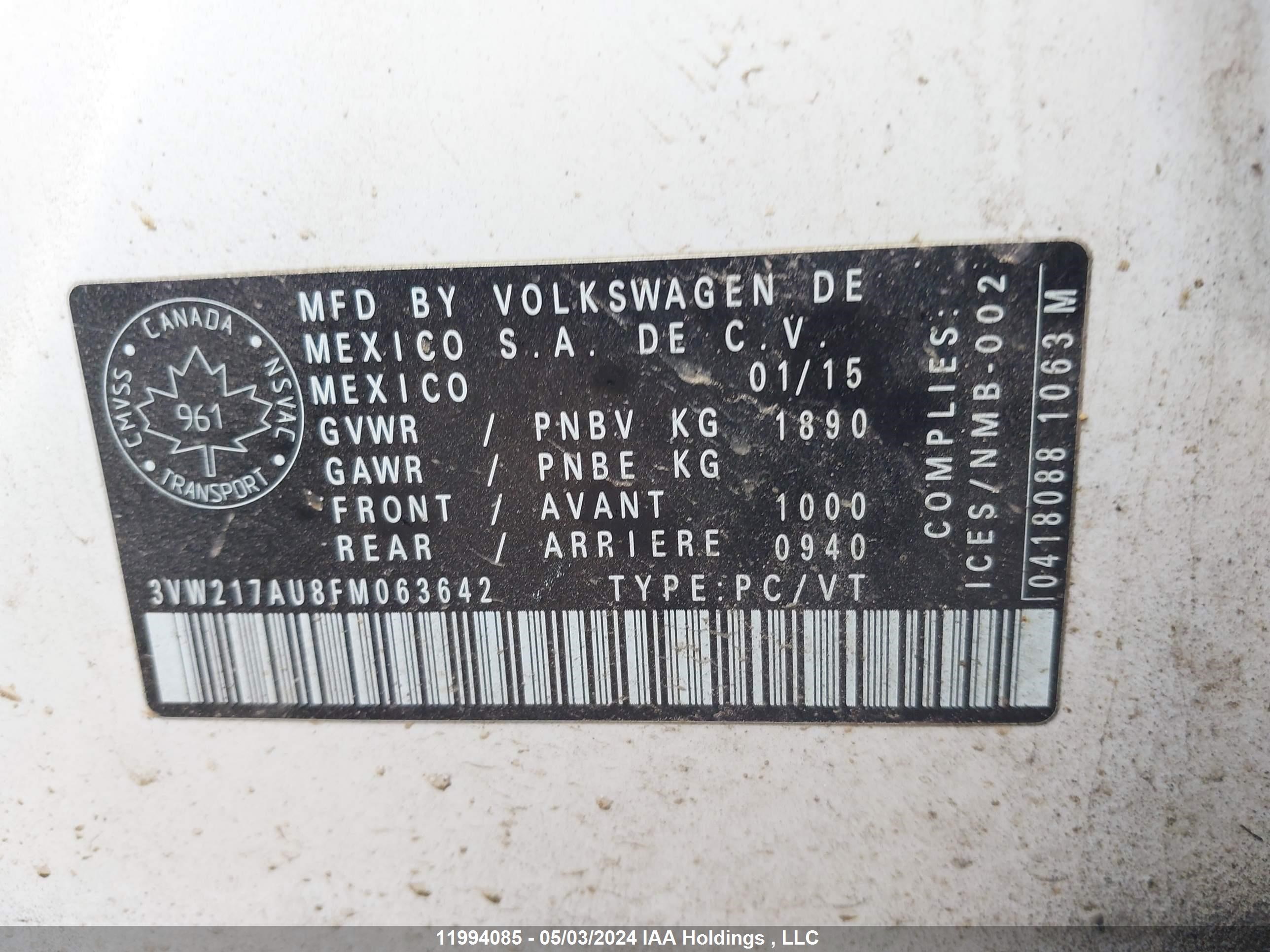 Photo 8 VIN: 3VW217AU8FM063642 - VOLKSWAGEN GOLF 