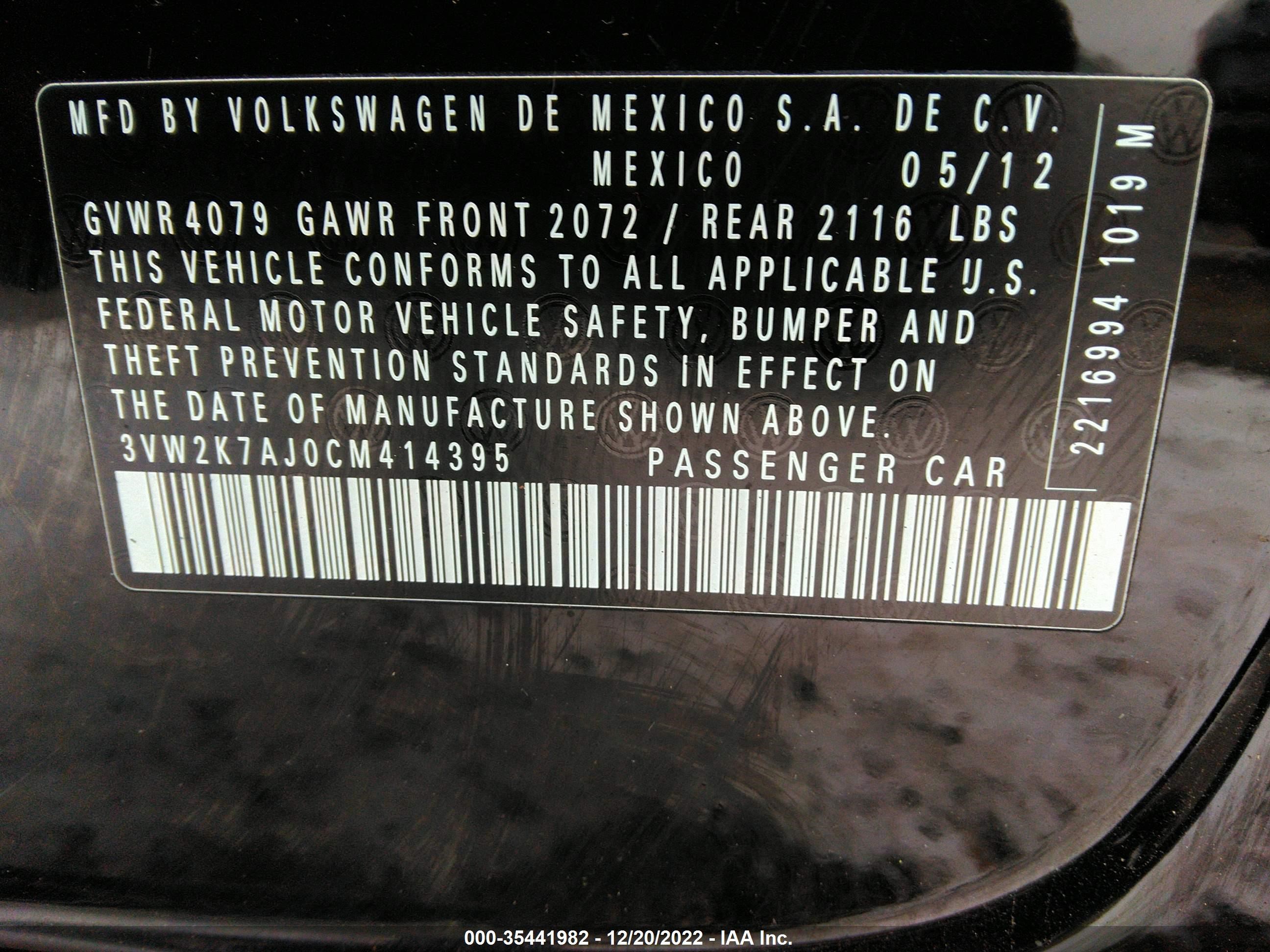 Photo 8 VIN: 3VW2K7AJ0CM414395 - VOLKSWAGEN JETTA 