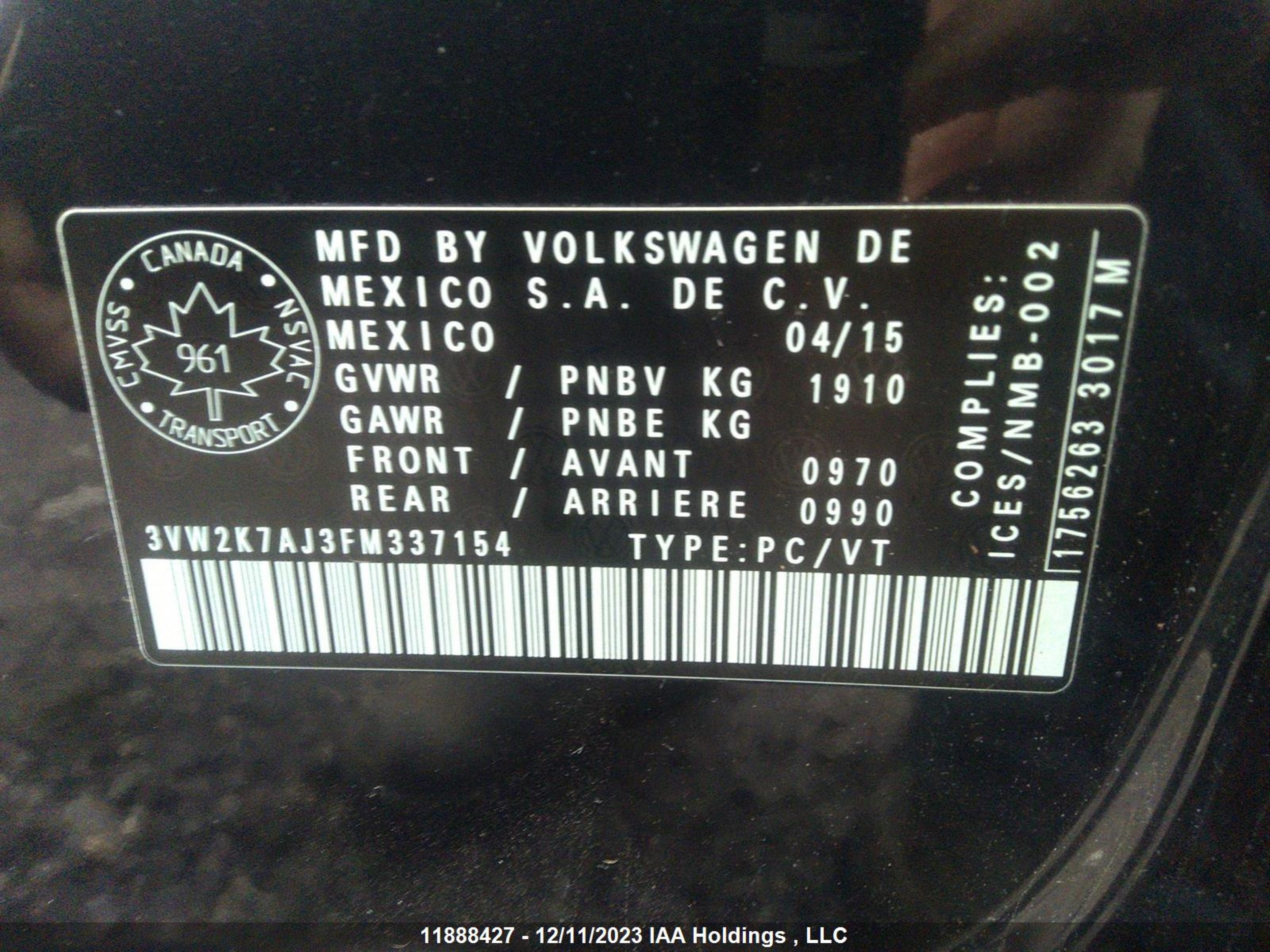 Photo 8 VIN: 3VW2K7AJ3FM337154 - VOLKSWAGEN JETTA 