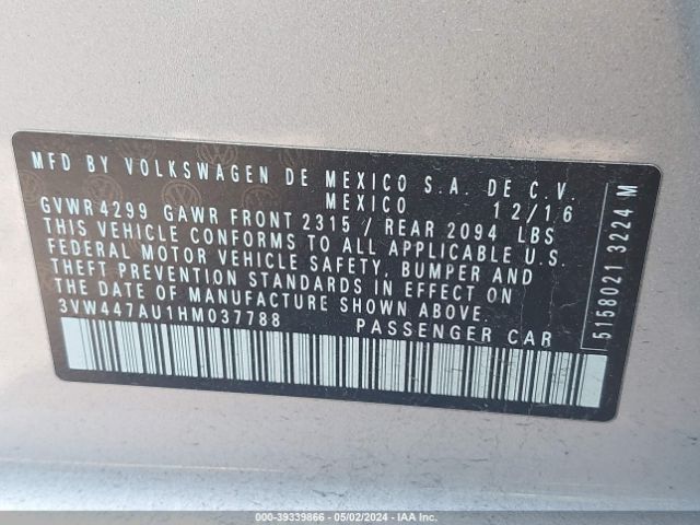 Photo 8 VIN: 3VW447AU1HM037788 - VOLKSWAGEN GOLF 