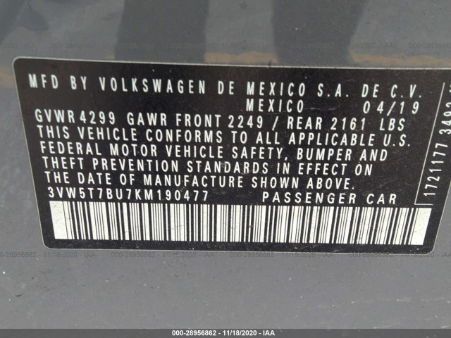 Photo 8 VIN: 3VW5T7BU7KM190477 - VOLKSWAGEN JETTA 