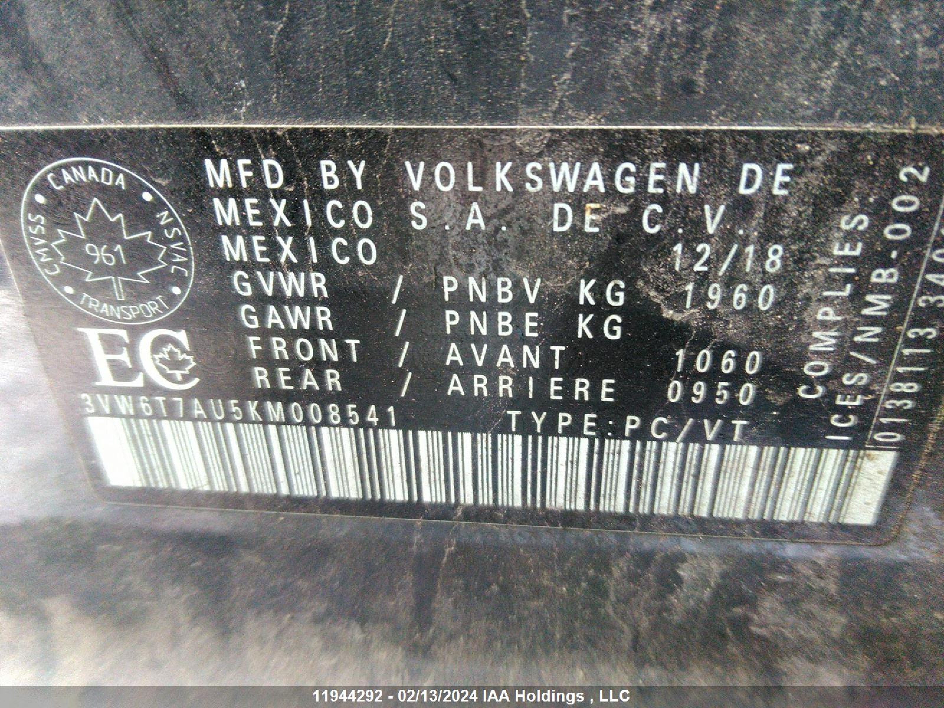 Photo 8 VIN: 3VW6T7AU5KM008541 - VOLKSWAGEN GOLF 