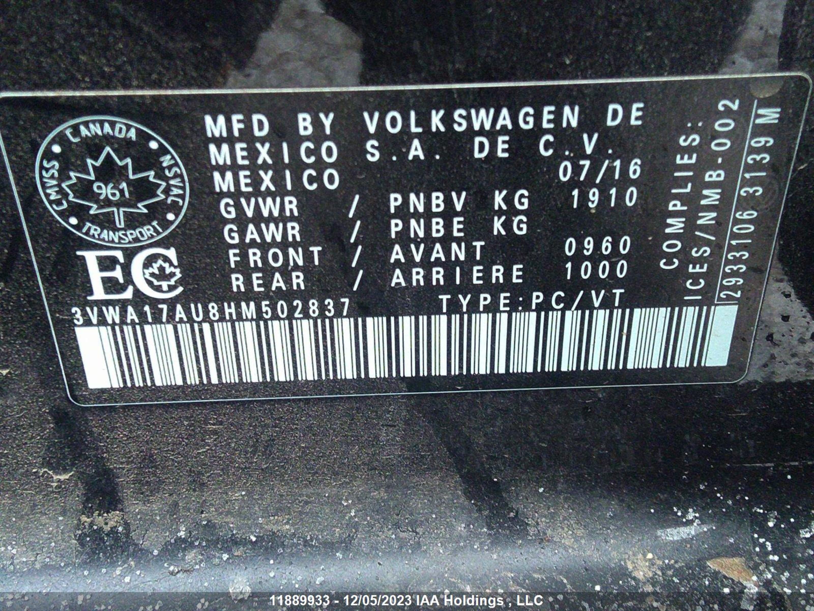 Photo 8 VIN: 3VWA17AU8HM502837 - VOLKSWAGEN GOLF 