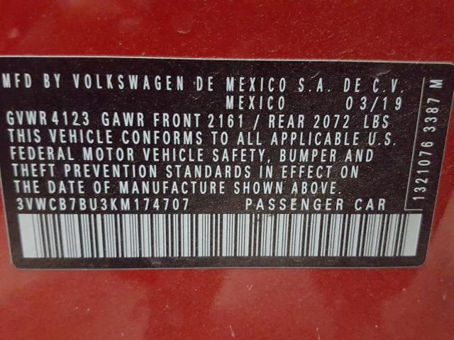 Photo 9 VIN: 3VWCB7BU3KM174707 - VOLKSWAGEN JETTA S 