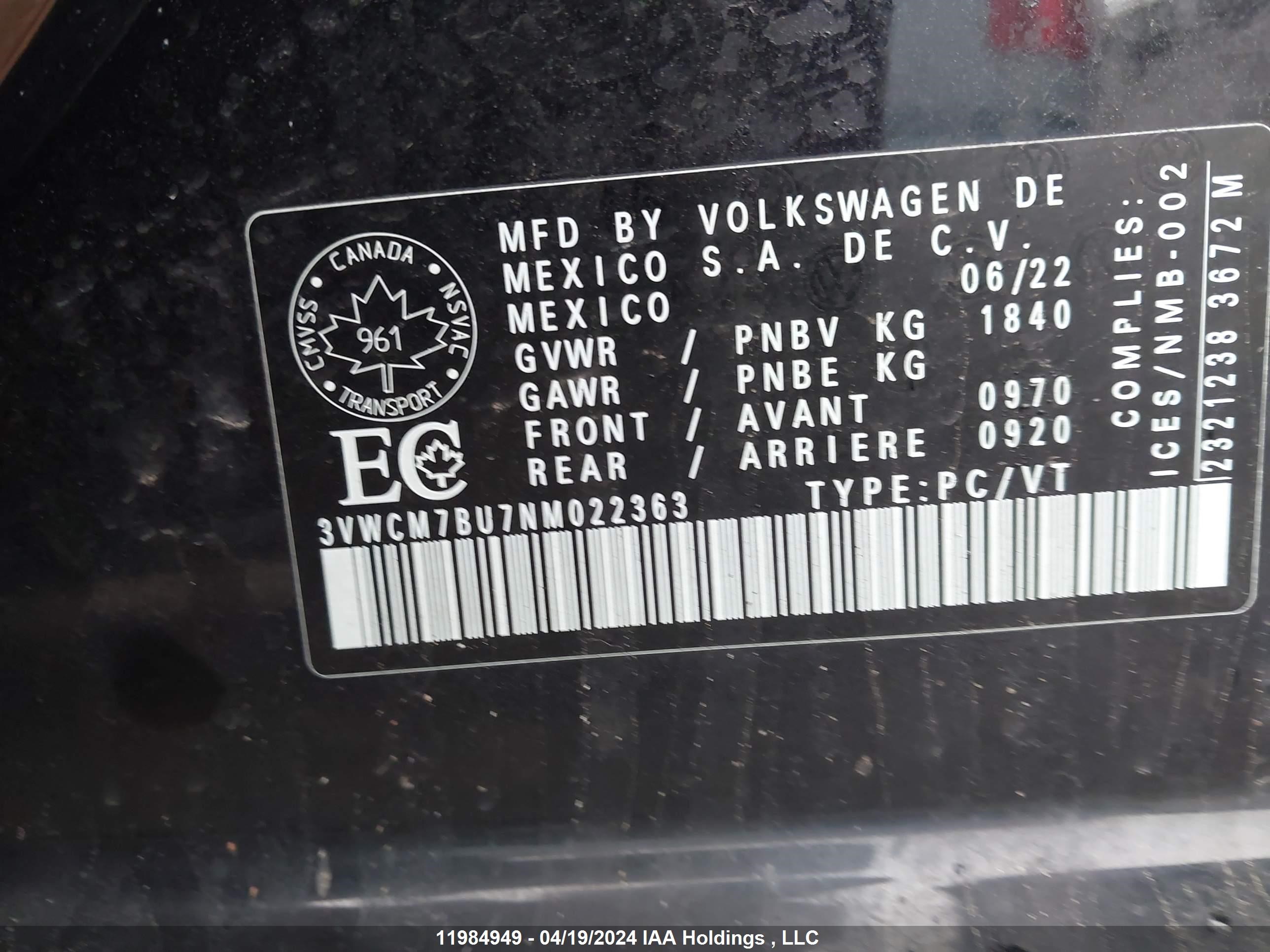 Photo 8 VIN: 3VWCM7BU7NM022363 - VOLKSWAGEN JETTA 