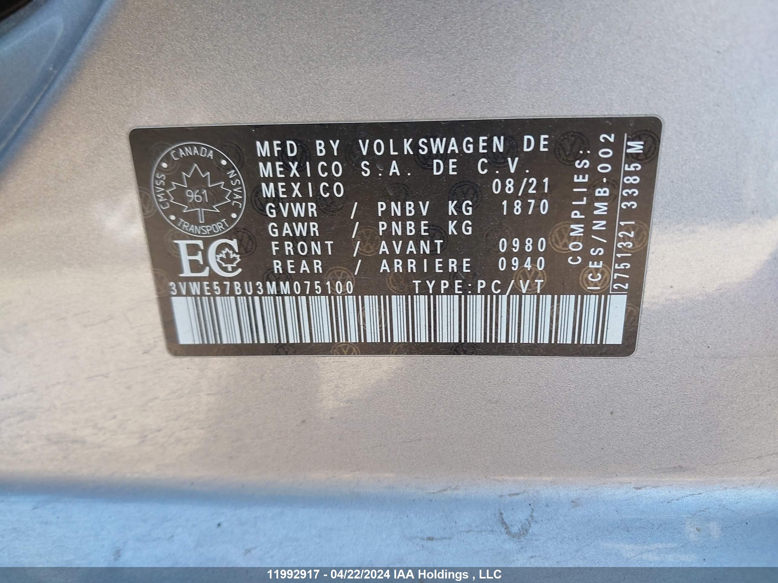 Photo 8 VIN: 3VWE57BU3MM075100 - VOLKSWAGEN JETTA 