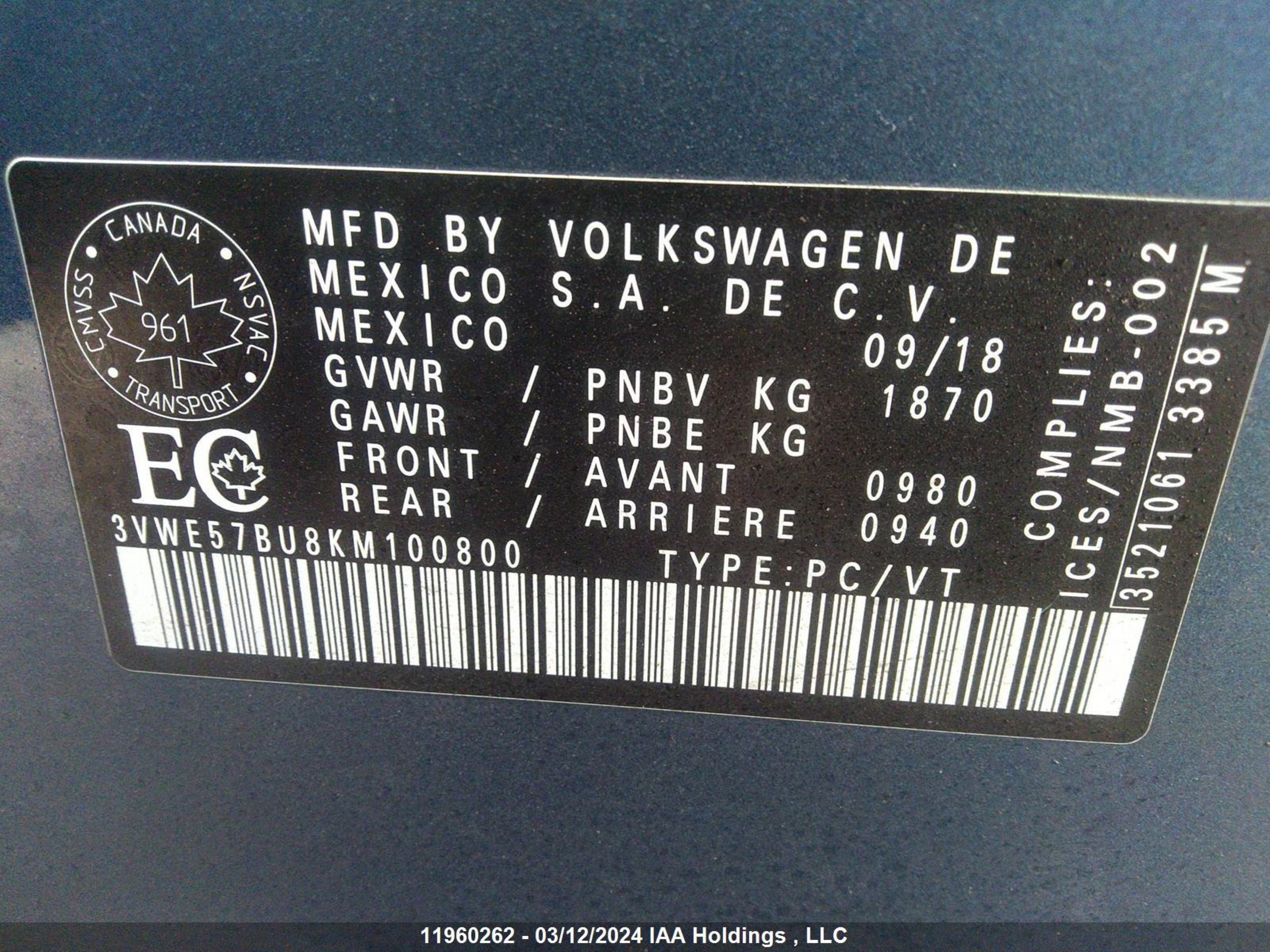 Photo 8 VIN: 3VWE57BU8KM100800 - VOLKSWAGEN JETTA 