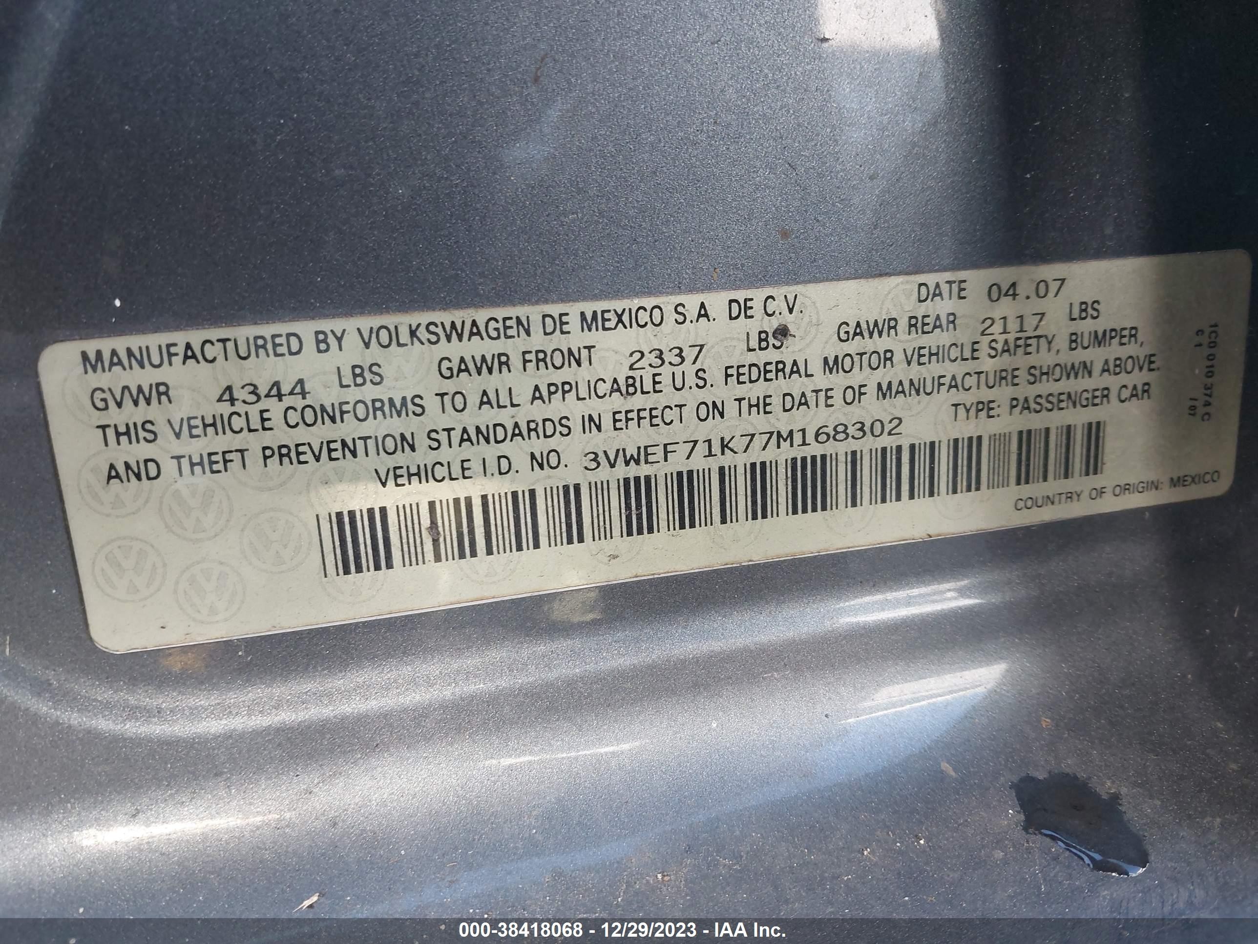 Photo 8 VIN: 3VWEF71K77M168302 - VOLKSWAGEN JETTA 