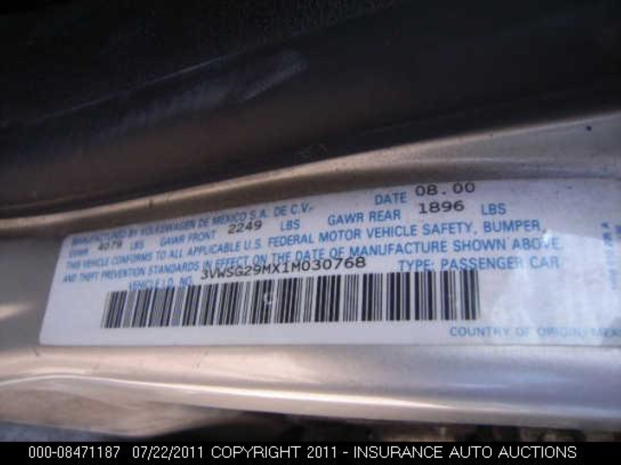 Photo 8 VIN: 3VWSG29MX1M030768 - VOLKSWAGEN JETTA 