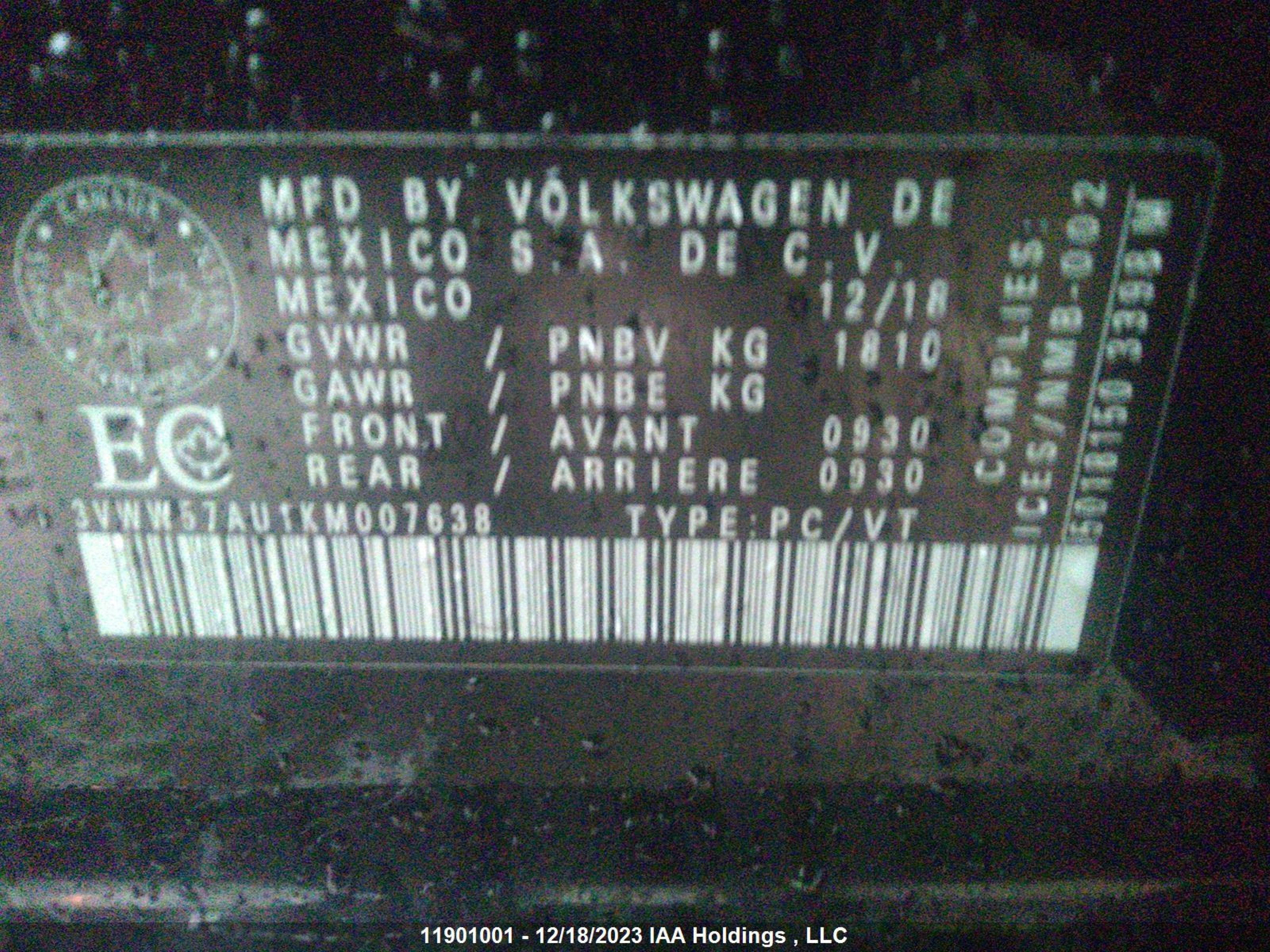 Photo 8 VIN: 3VWW57AU1KM007638 - VOLKSWAGEN GOLF 