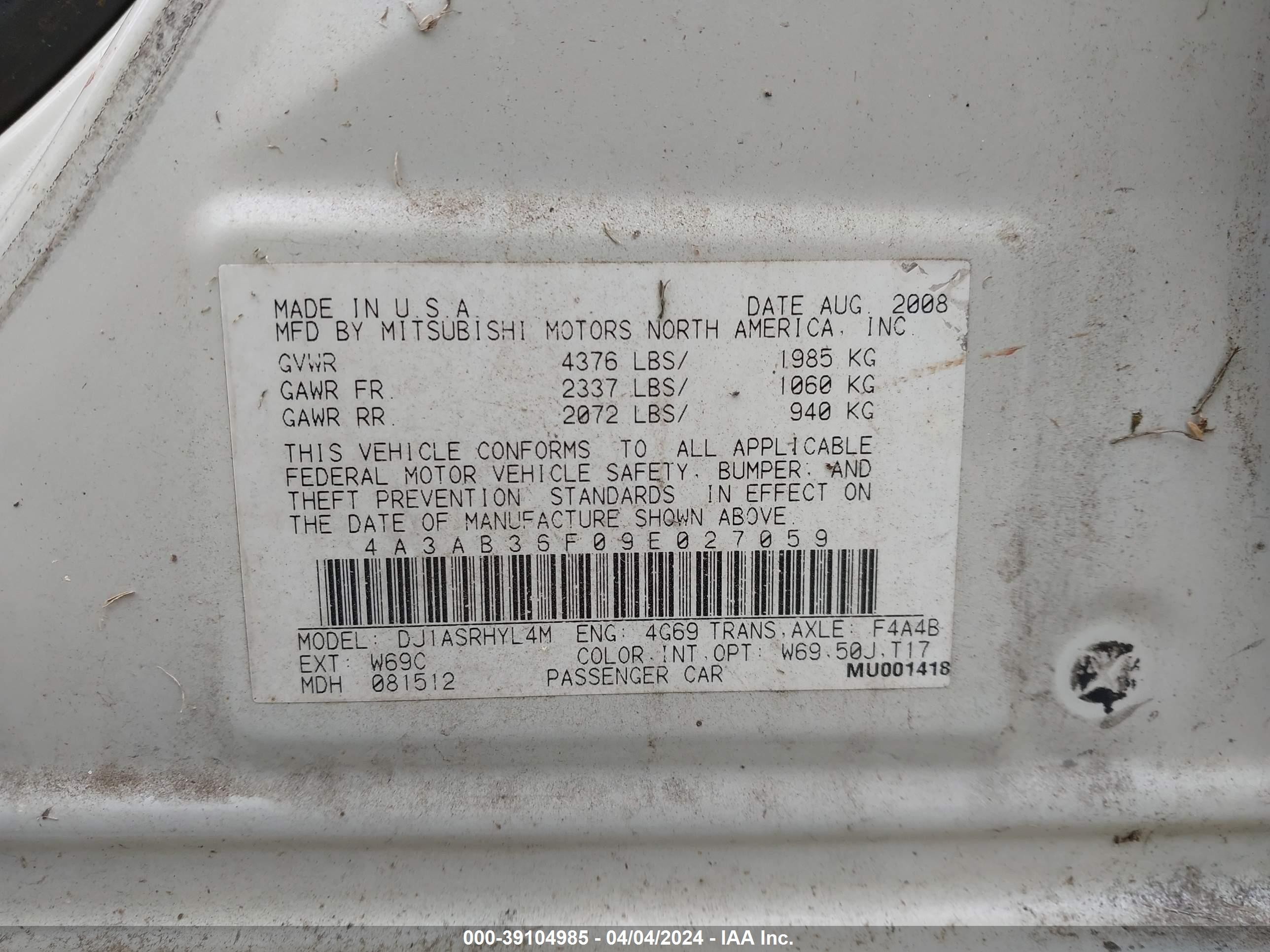 Photo 8 VIN: 4A3AB36F09E027059 - MITSUBISHI GALANT 