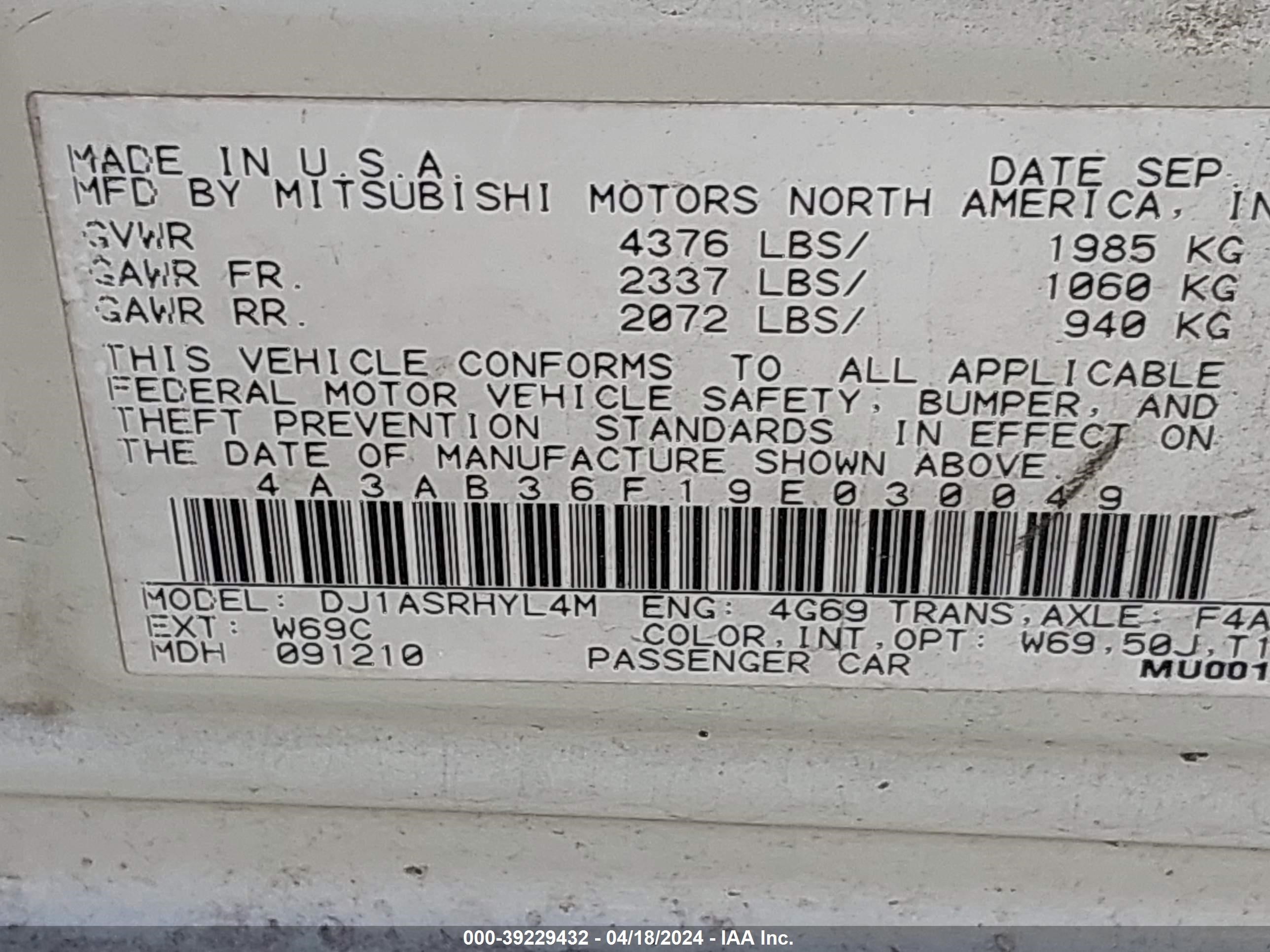 Photo 8 VIN: 4A3AB36F19E030049 - MITSUBISHI GALANT 