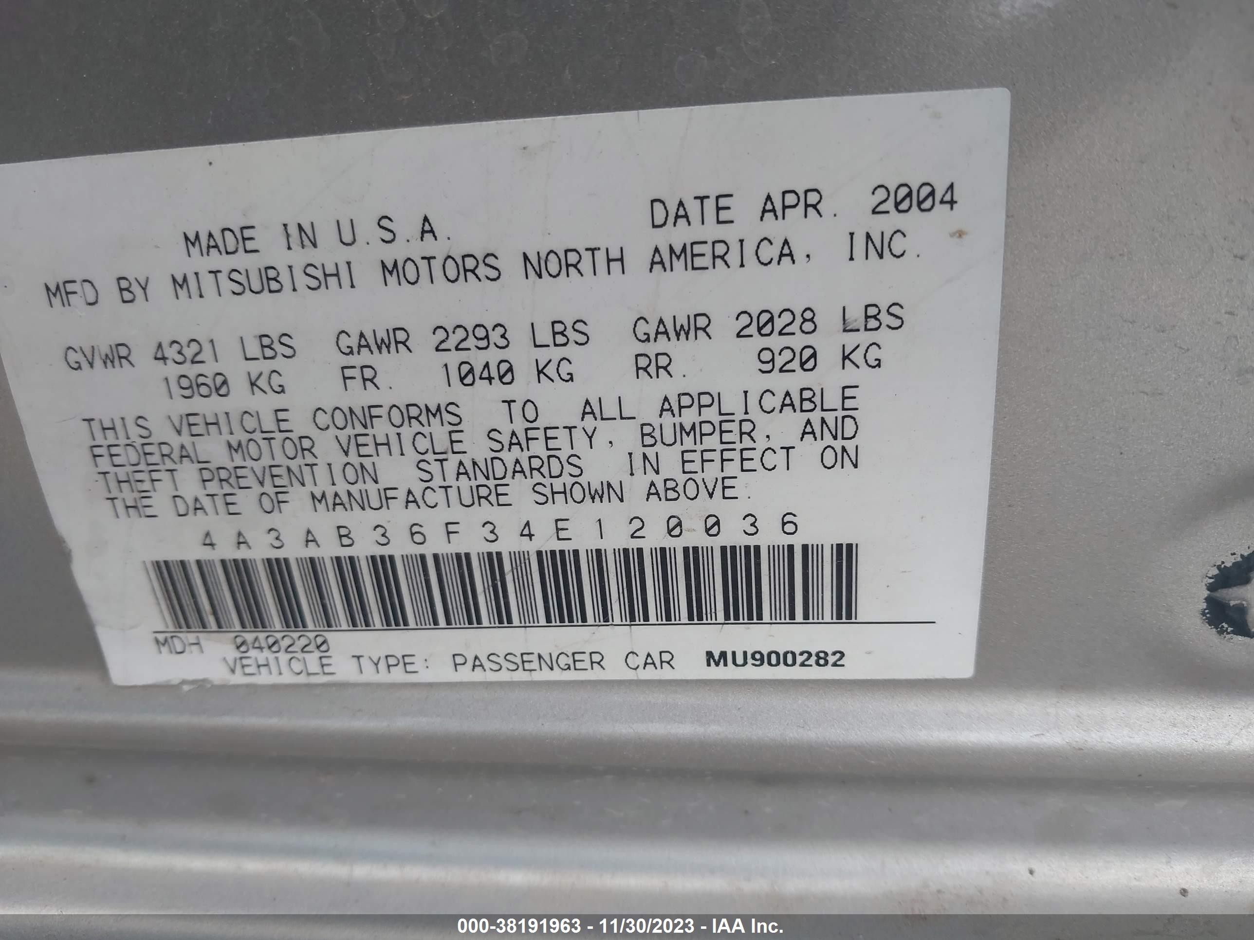 Photo 8 VIN: 4A3AB36F34E120036 - MITSUBISHI GALANT 