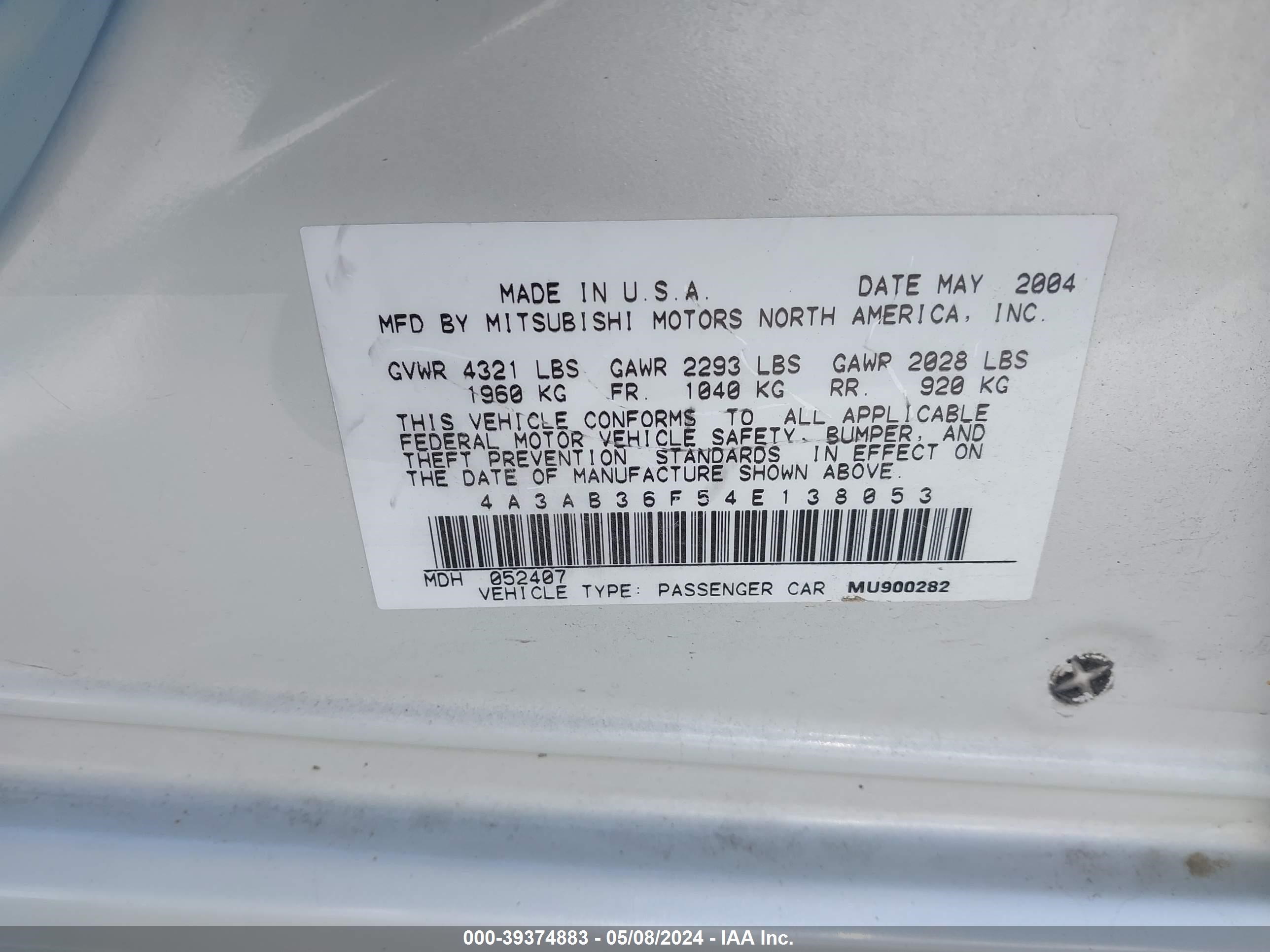 Photo 8 VIN: 4A3AB36F54E138053 - MITSUBISHI GALANT 