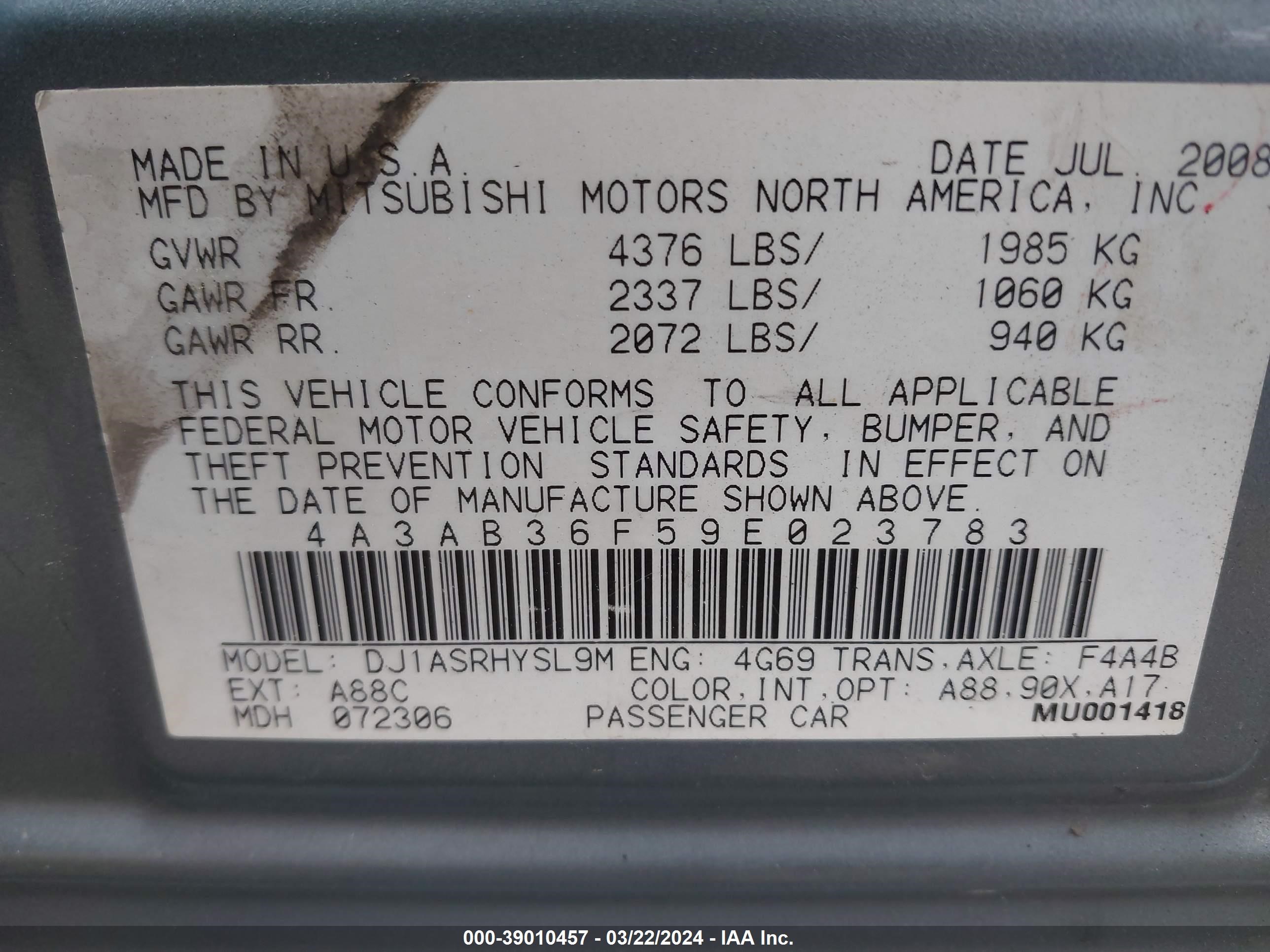 Photo 8 VIN: 4A3AB36F59E023783 - MITSUBISHI GALANT 