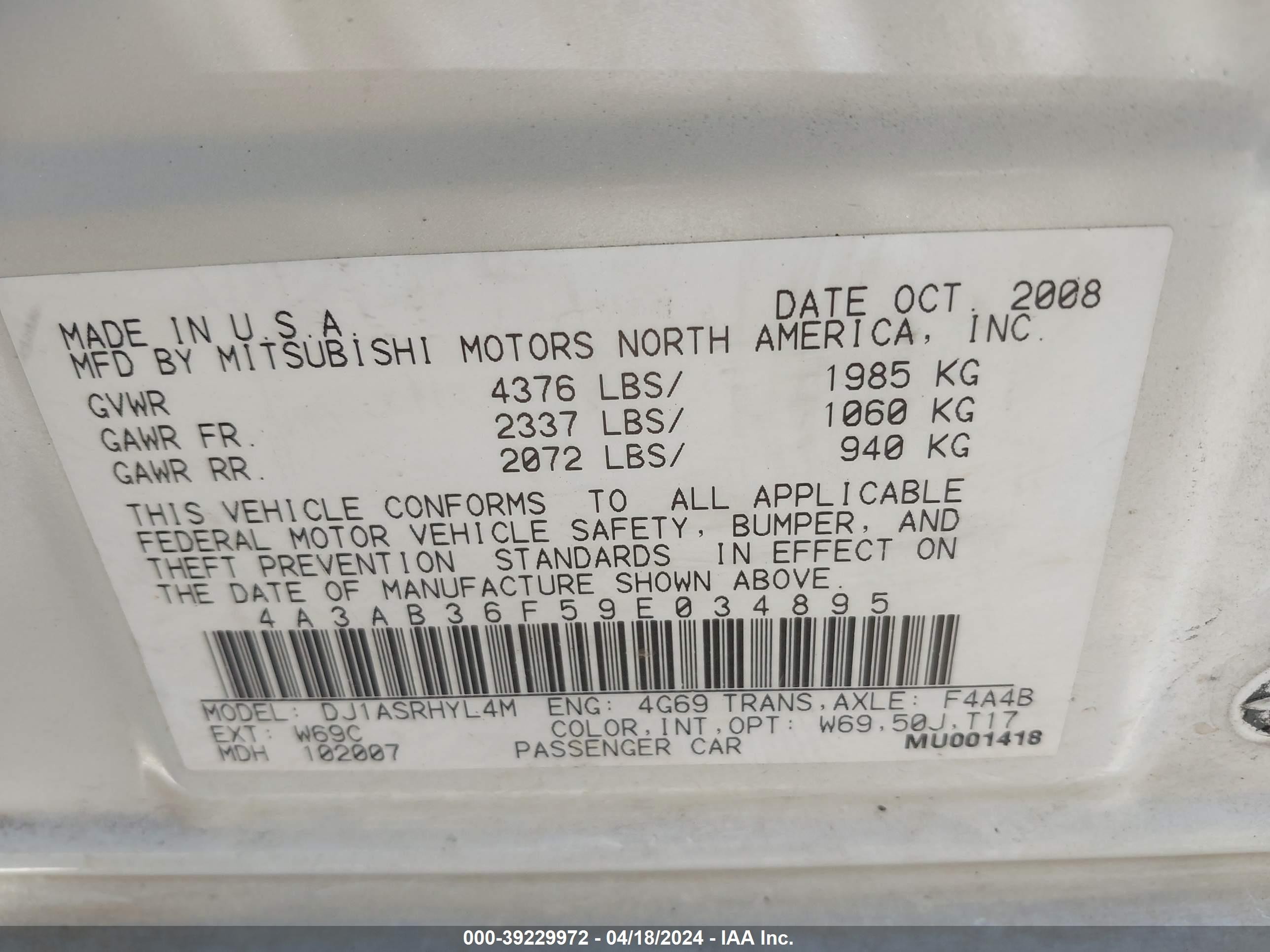 Photo 8 VIN: 4A3AB36F59E034895 - MITSUBISHI GALANT 