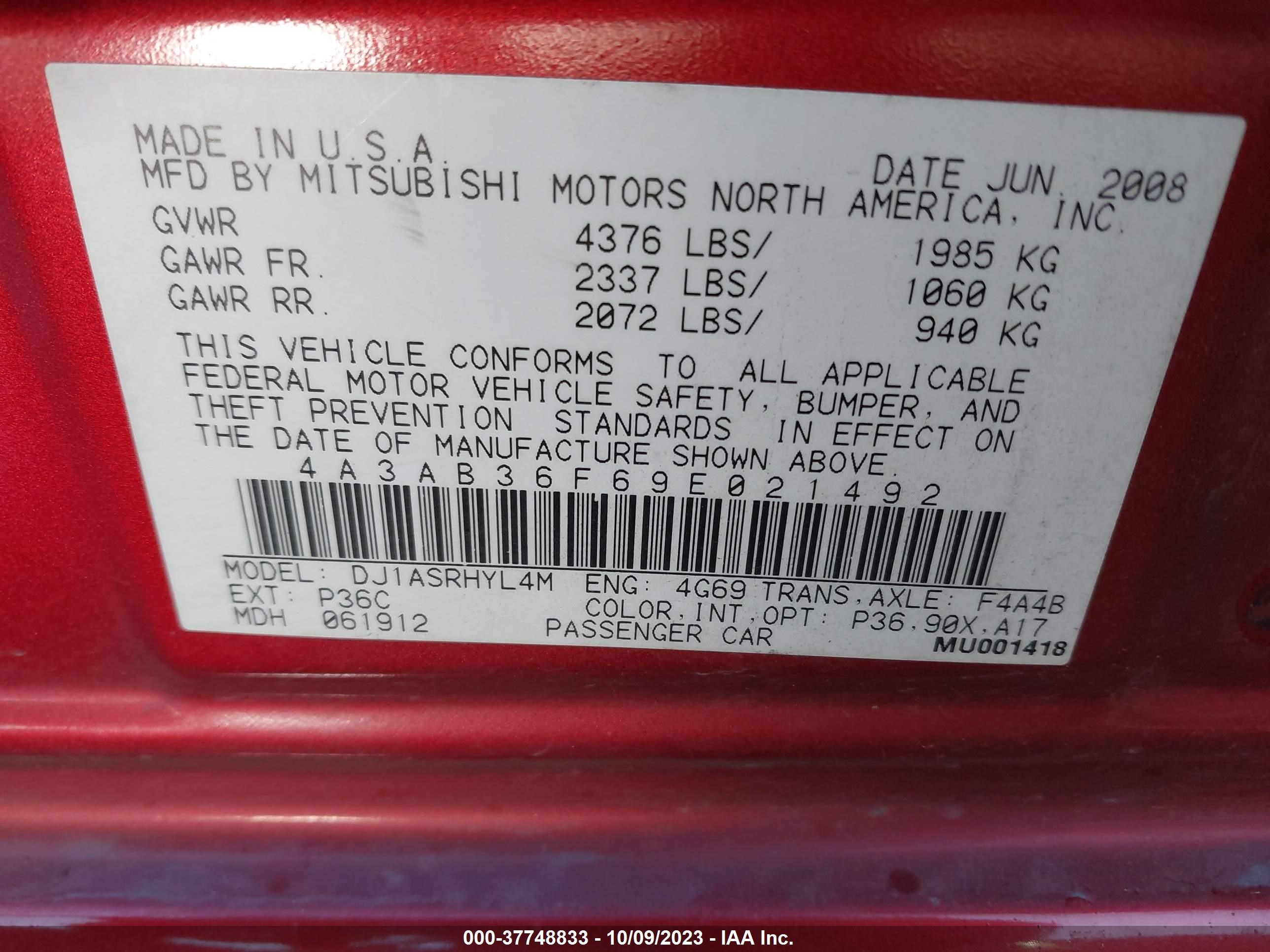 Photo 8 VIN: 4A3AB36F69E021492 - MITSUBISHI GALANT 