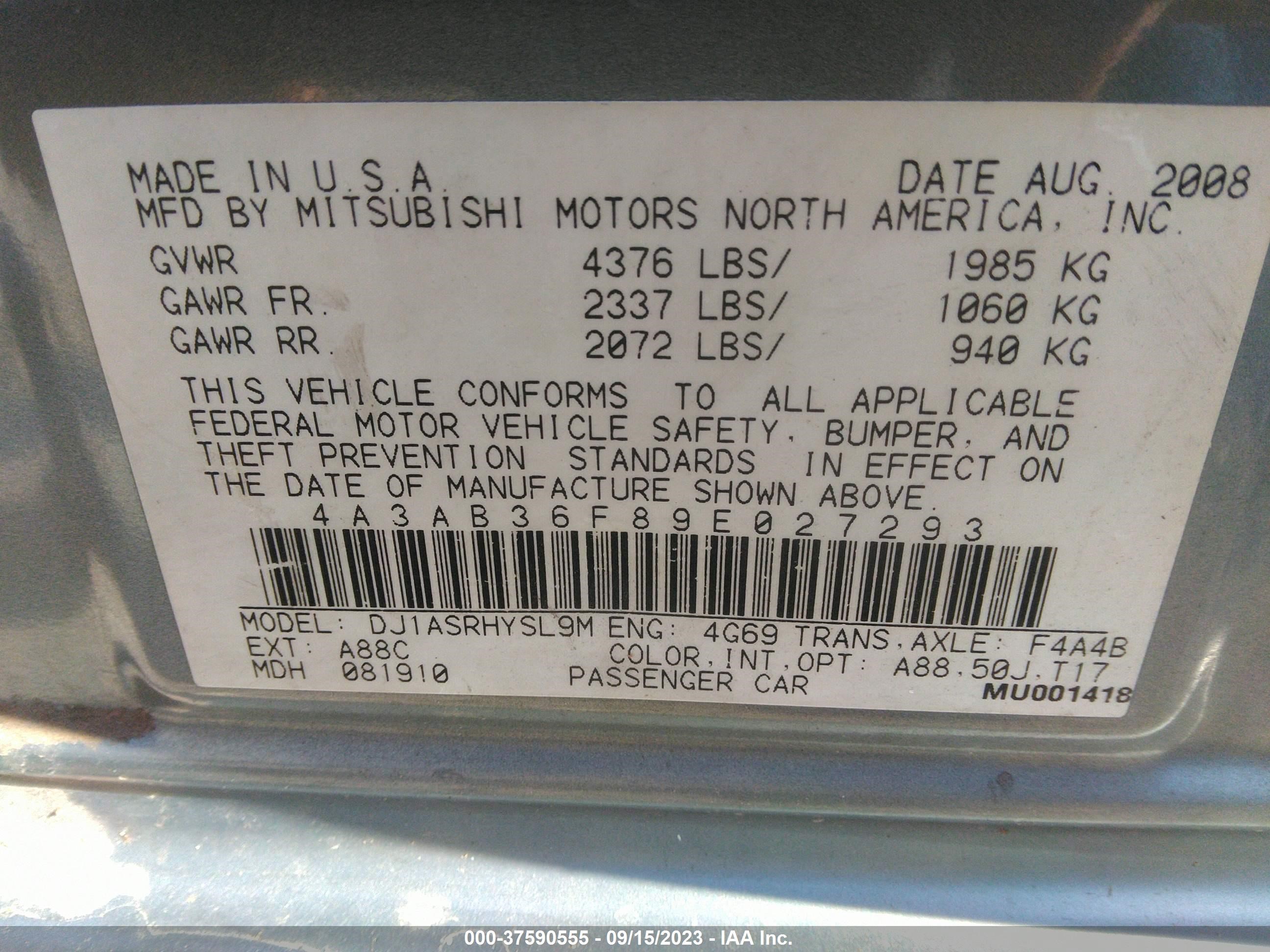 Photo 8 VIN: 4A3AB36F89E027293 - MITSUBISHI GALANT 