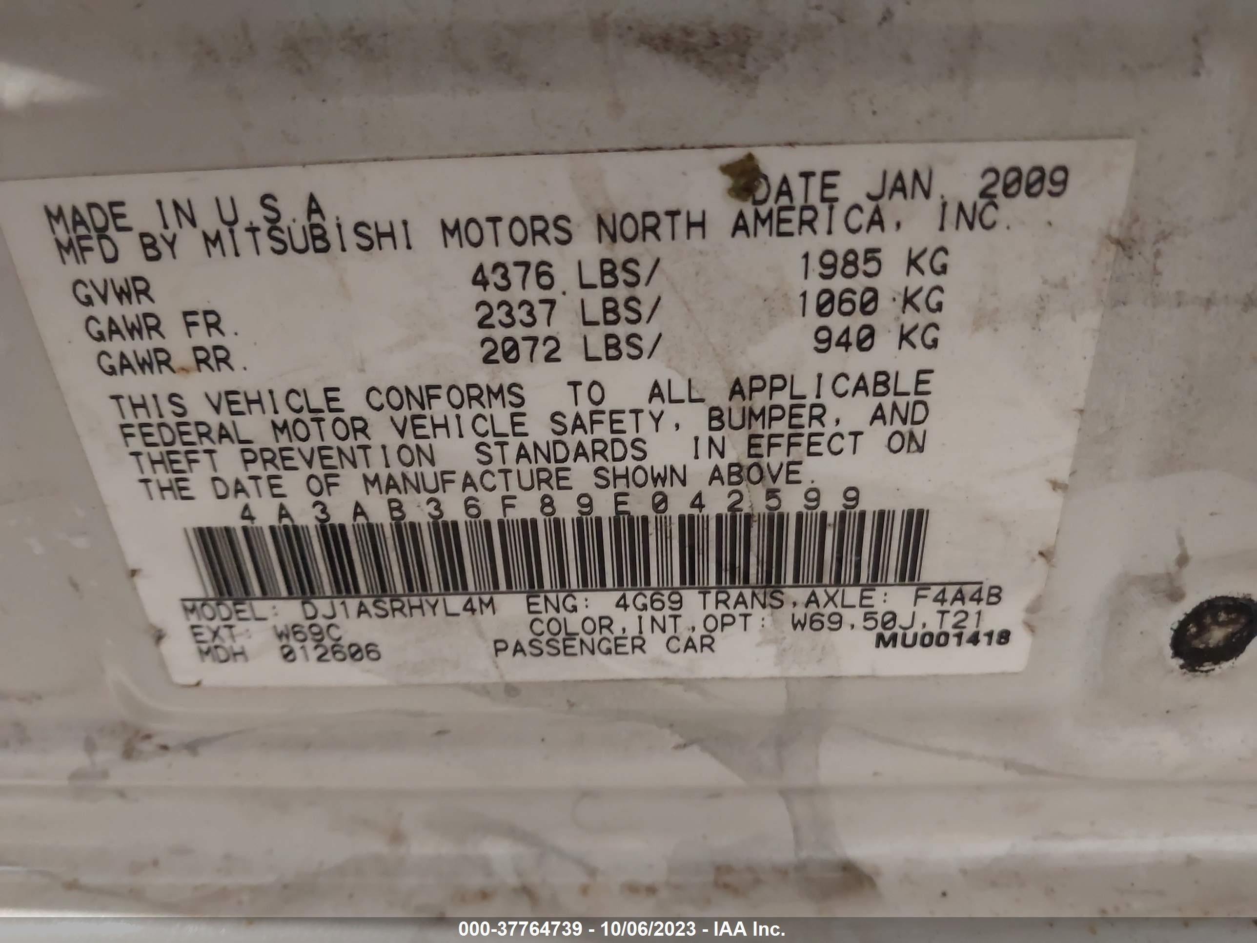 Photo 8 VIN: 4A3AB36F89E042599 - MITSUBISHI GALANT 