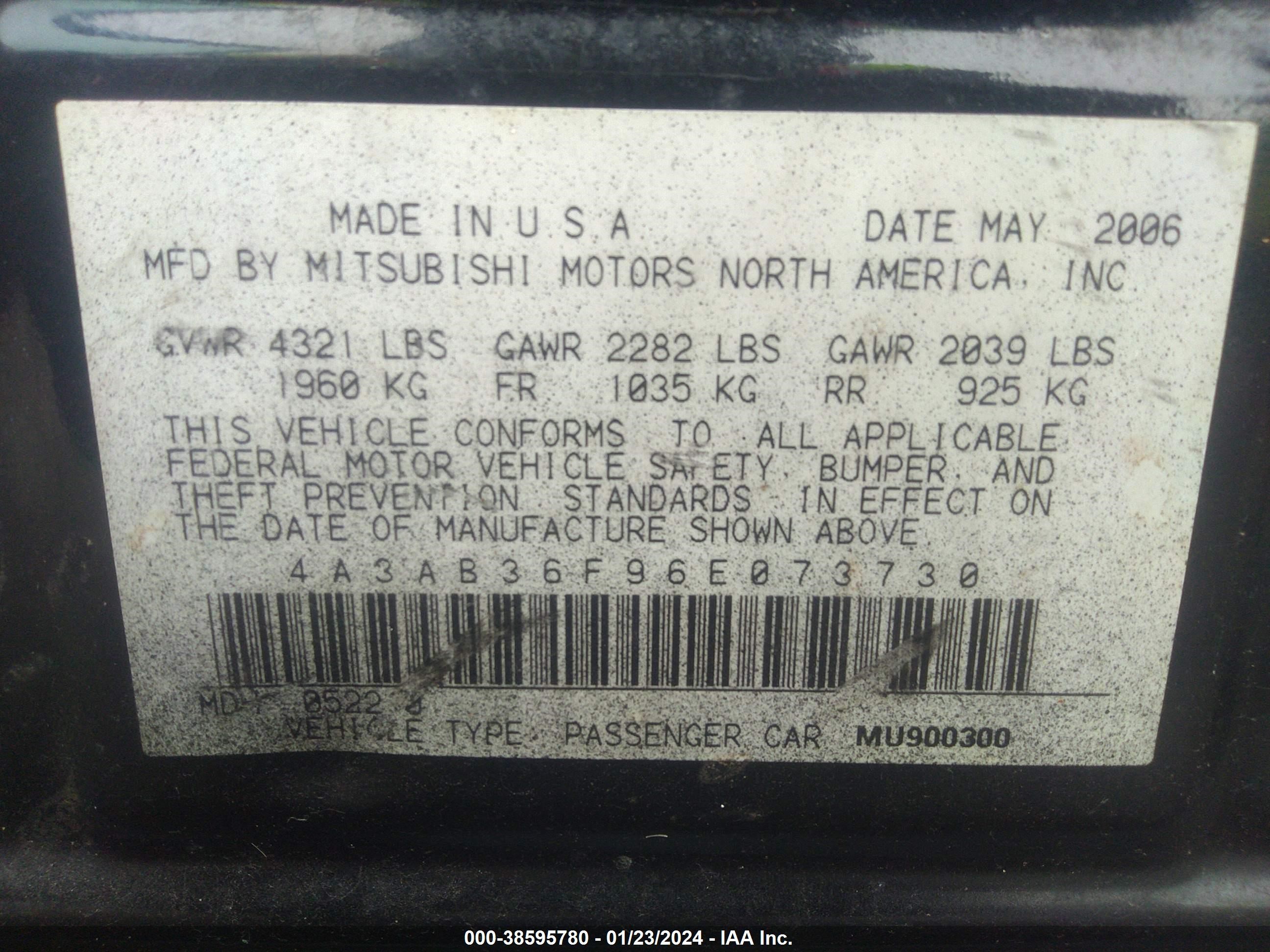 Photo 8 VIN: 4A3AB36F96E073730 - MITSUBISHI GALANT 