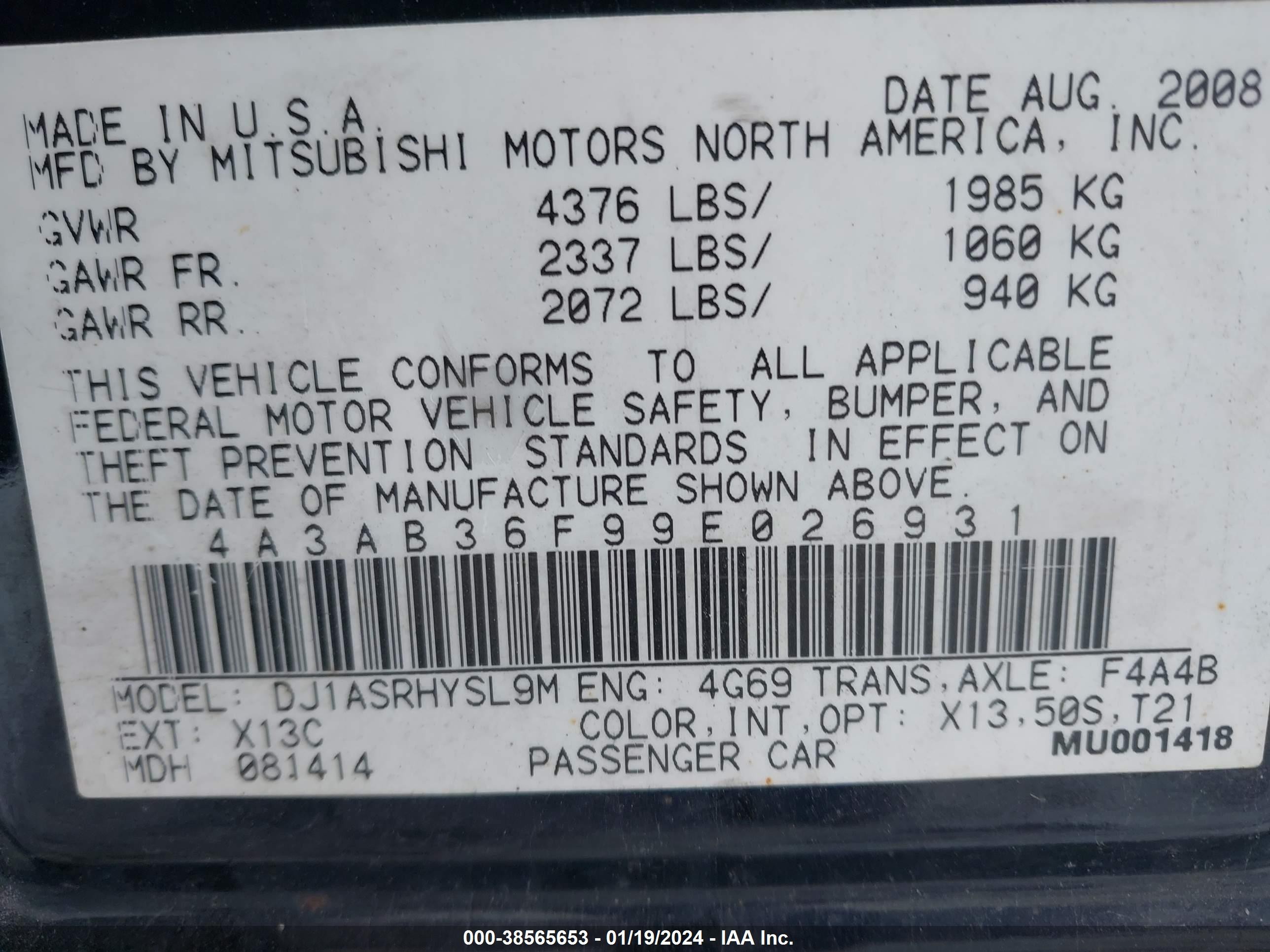 Photo 8 VIN: 4A3AB36F99E026931 - MITSUBISHI GALANT 