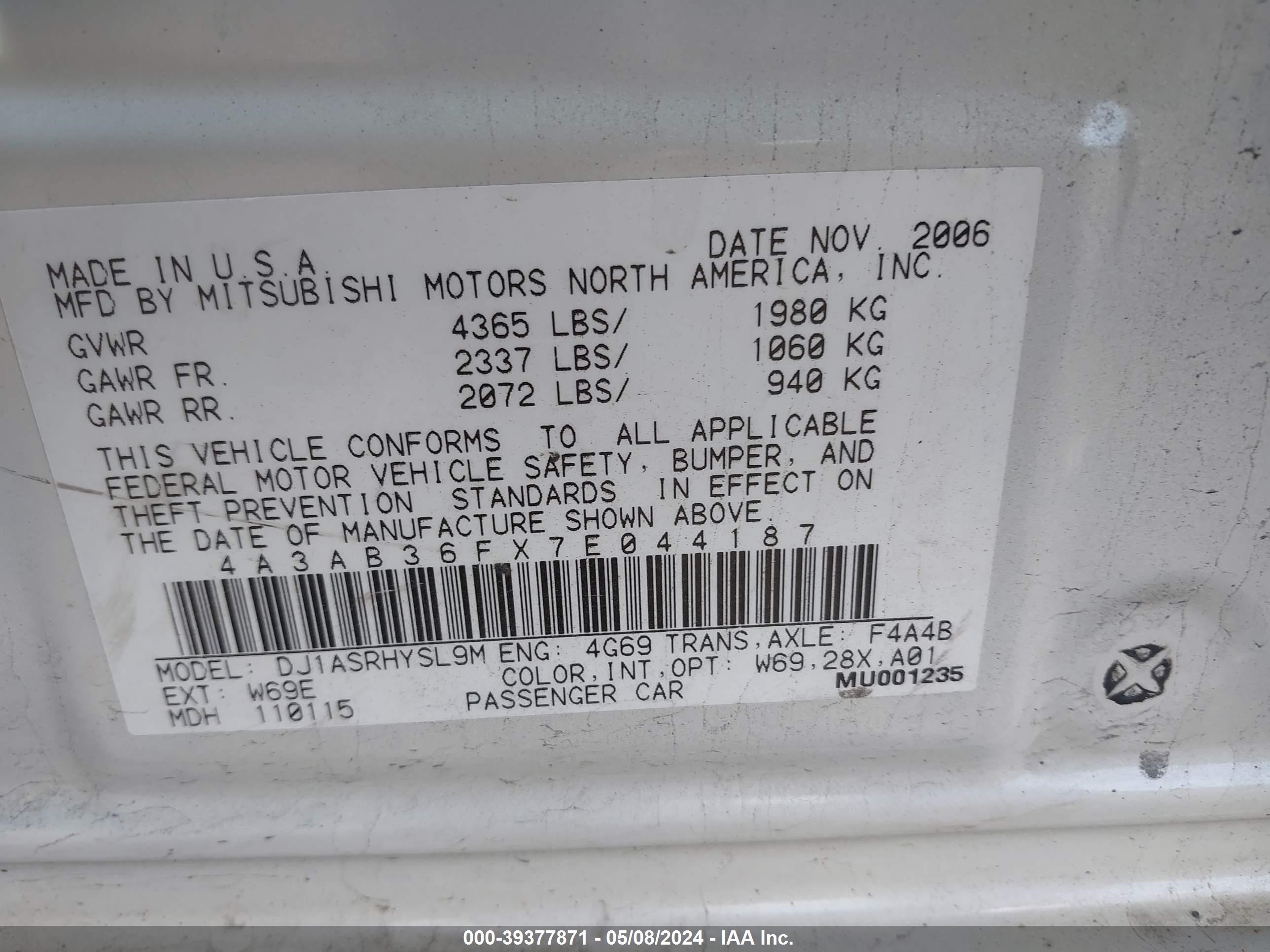 Photo 8 VIN: 4A3AB36FX7E044187 - MITSUBISHI GALANT 