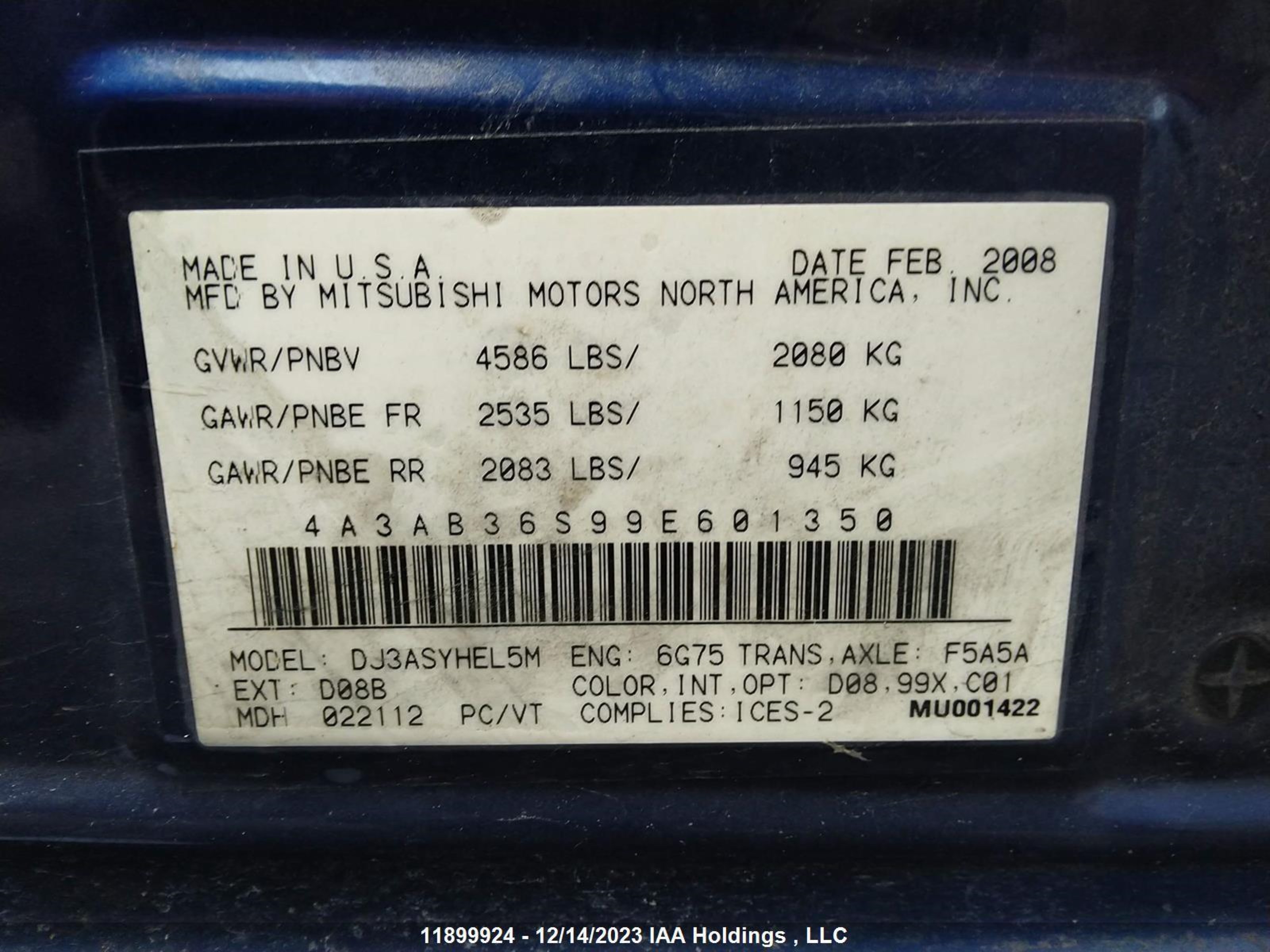 Photo 8 VIN: 4A3AB36S99E601350 - MITSUBISHI GALANT 