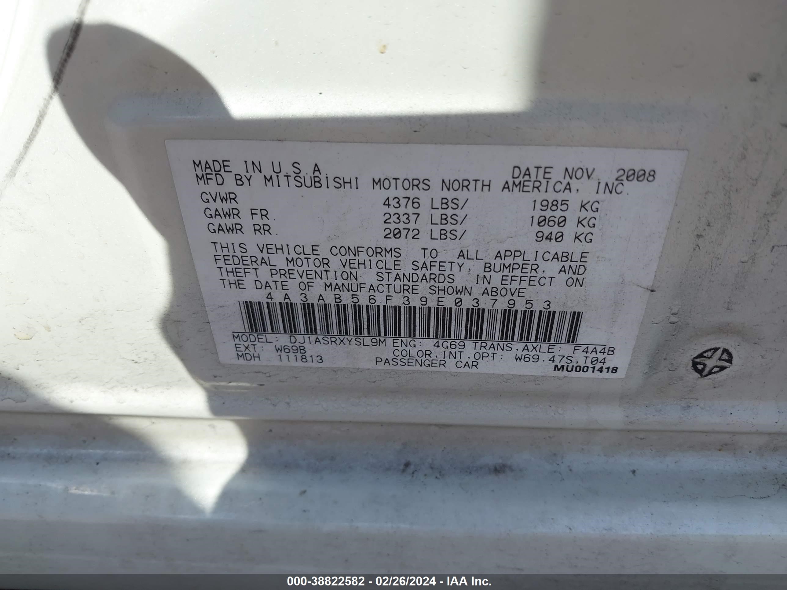 Photo 8 VIN: 4A3AB56F39E037953 - MITSUBISHI GALANT 