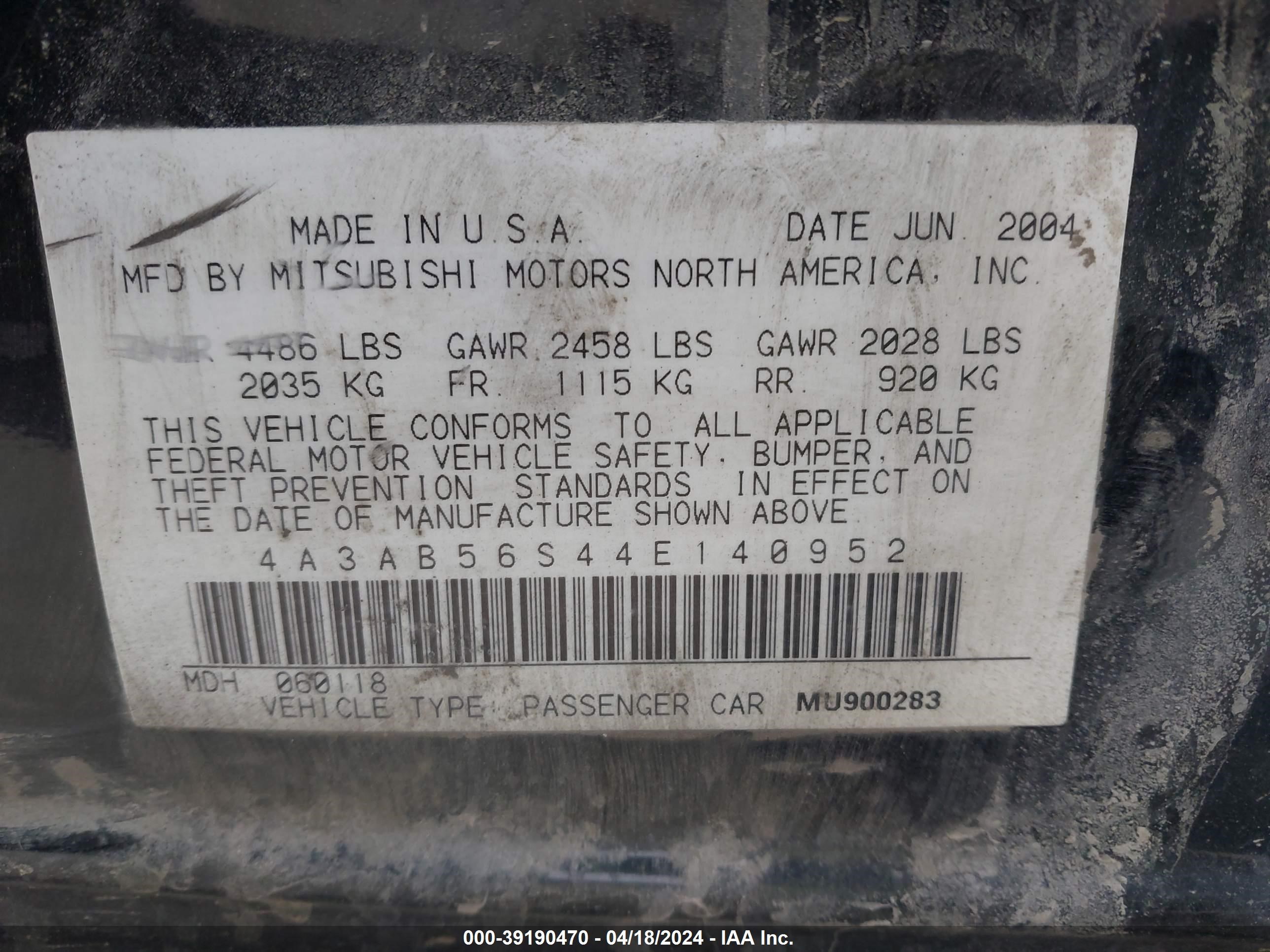 Photo 8 VIN: 4A3AB56S44E140952 - MITSUBISHI GALANT 