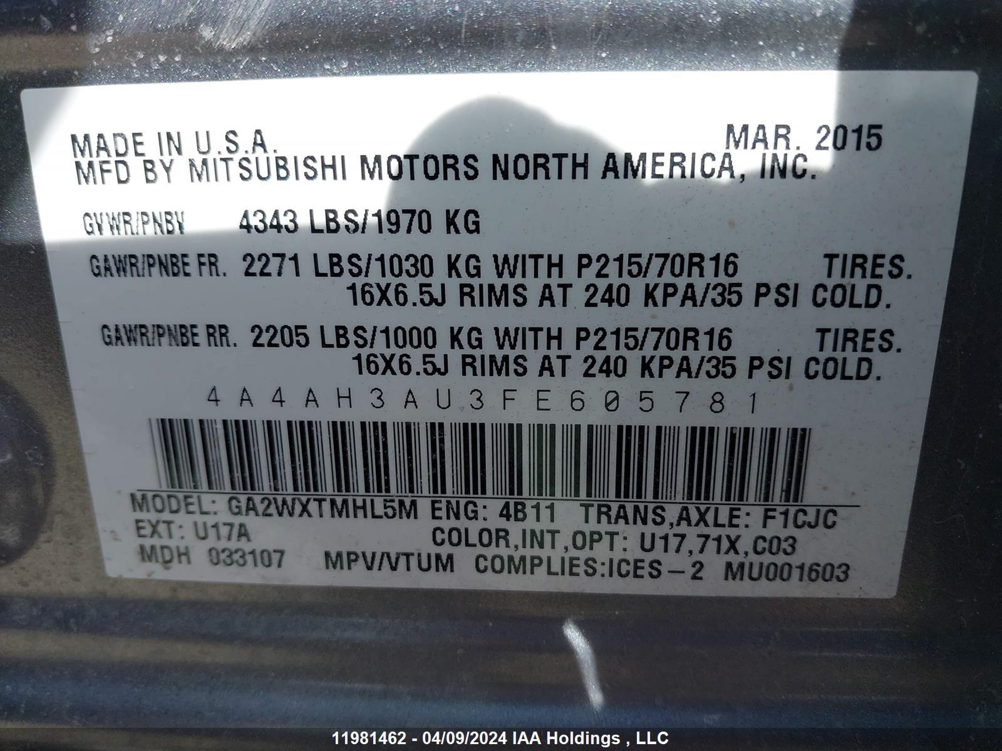 Photo 8 VIN: 4A4AH3AU3FE605781 - MITSUBISHI RVR 